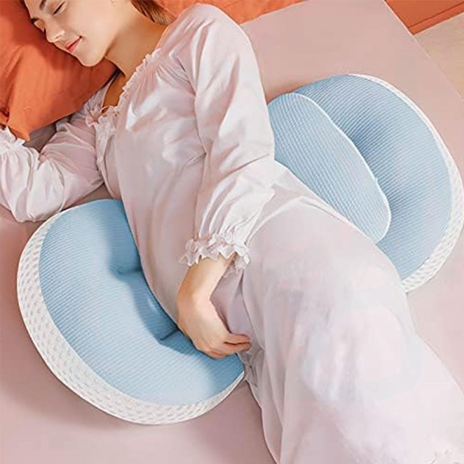 Side Sleeper Pregnancy Pillow | Breathable Knitted Cotton Cover，Adjustable Support for Waist, Legs & Belly | Blue-White Maternity Pillow with Removable Cover image number 6
