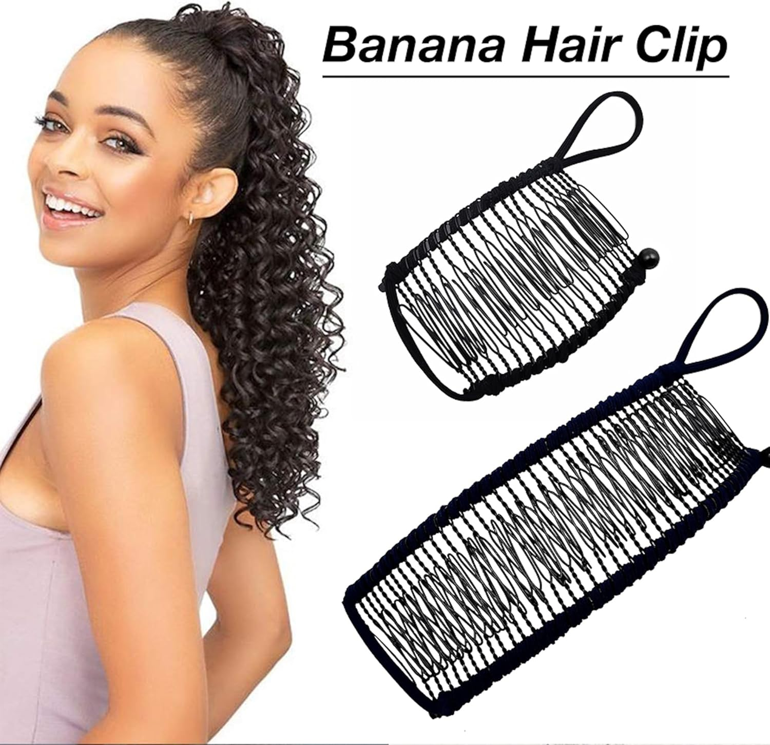 Stretchy Banana Hair Clip for Fine Thin Hair Stretch & Adjust - Decorative Sturdy & Lightweight - No Pressure or Headaches-Cord W/Bar Closur (Small, Black,20-Teeth) image number 5