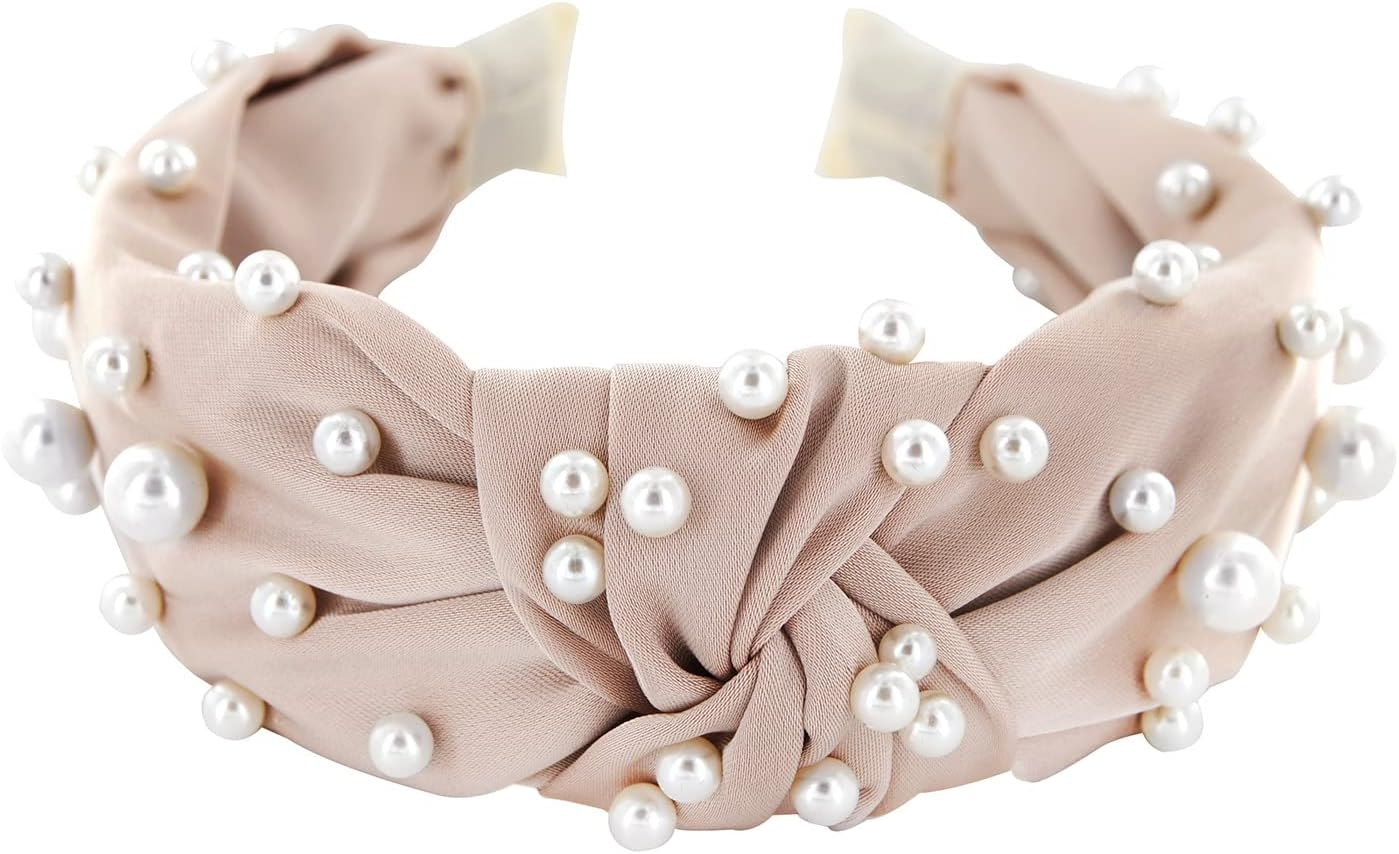 Axy HR35AP Headband with Pearls and Knot Satin Covered Vintage Beautiful Headband Hair Accessories Women'S Headband (Taupe)