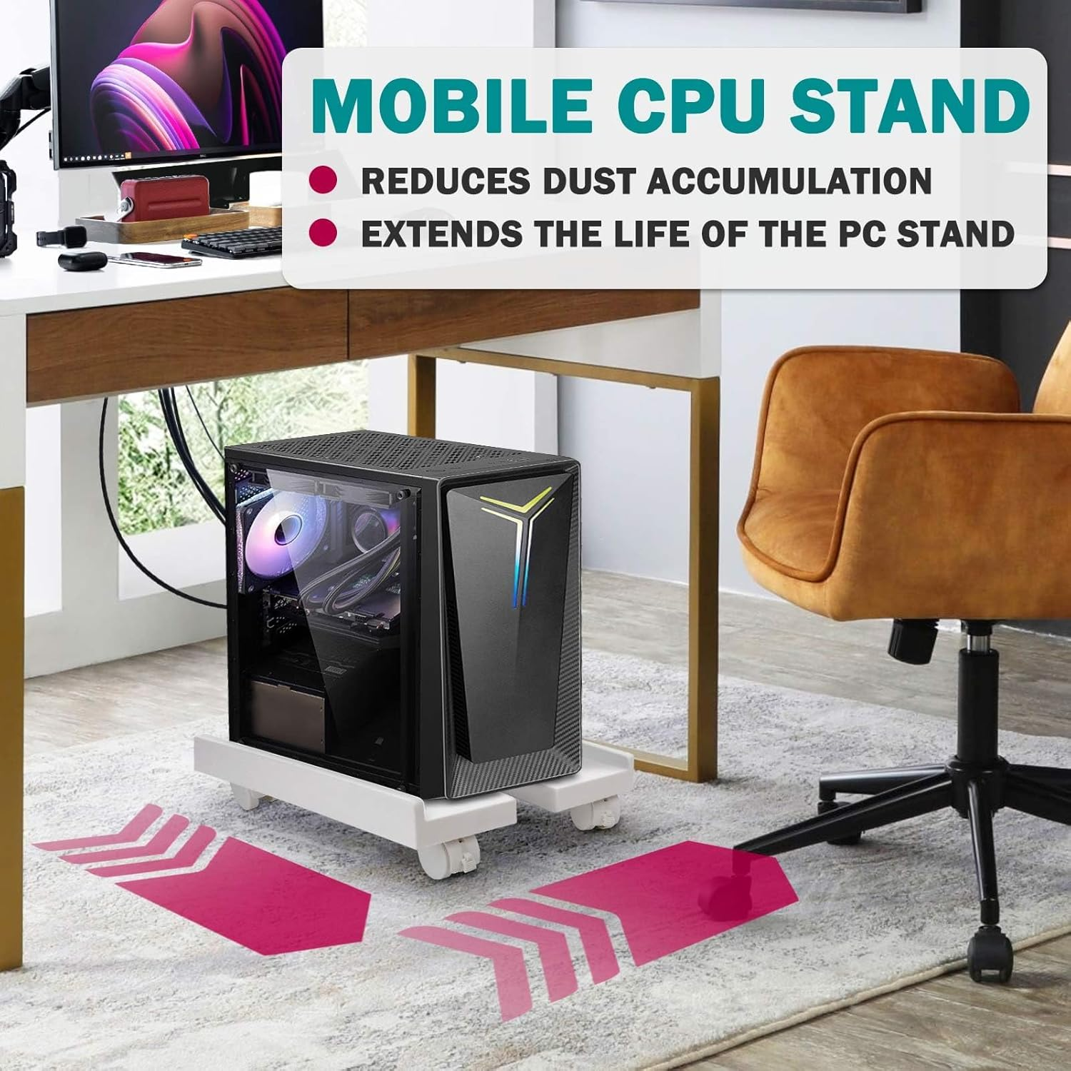 Adjustable Mobile CPU Stand with 360&deg; Wheels, Ventilated Computer Tower Stand Fits Most PC (White) image number 2