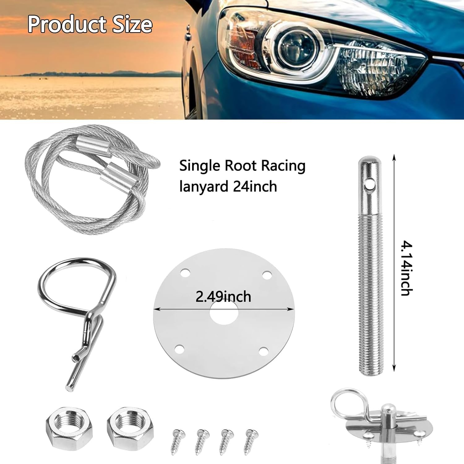 Stainless Steel Hood Pin Plate Lock Kit, 20Pcs Sengine Hood Pin Plate Lock Clip Kit, Stainless Steel Engine Hood Plate Bonnet Clips, Vehicle Exterior Engine Hood with Racing Lanyard image number 4
