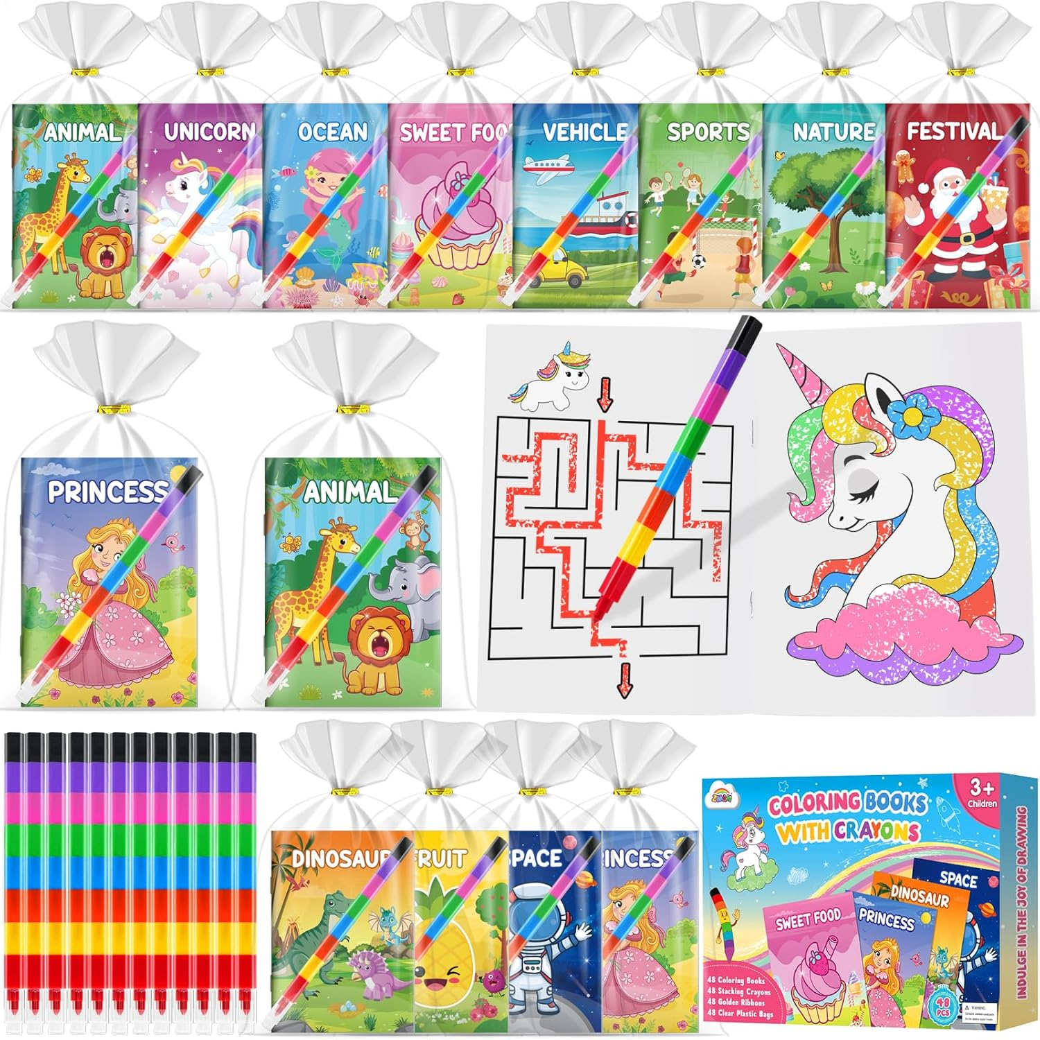 ZMLM 48 Coloring Books for Kids Party Favors: Bulk 48 Crayons Mini Coloring Books for Kids Ages 4-8 Birthday Goodie Bags Stuffers Toddlers Return Gifts Classroom Prizes Teacher Crafts (Classic)