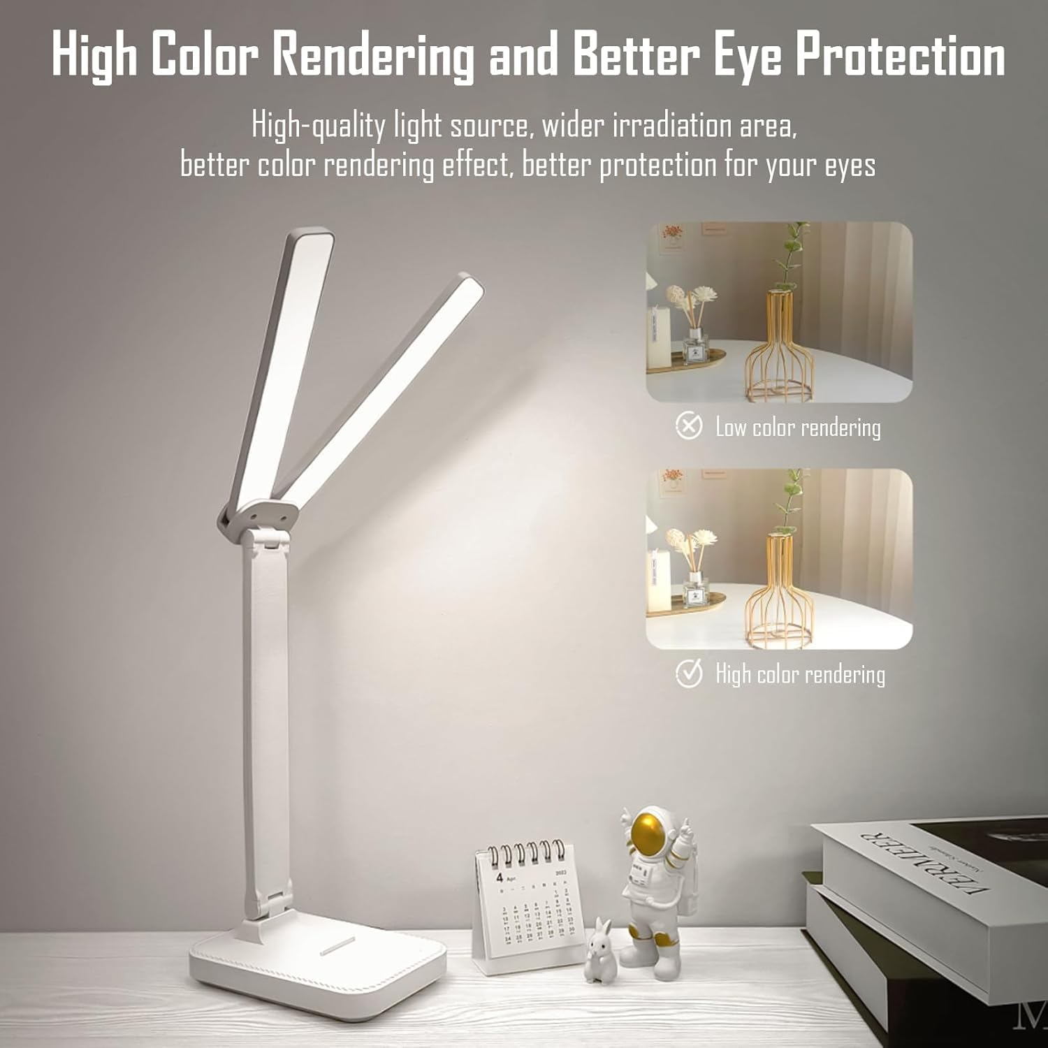 Double Head Desk Lamp, Rechargeable Portable Table Lamp, Adjustable Light Color and Brightness, USB Powered, LED Light for Work, Reading, Emergency (White) image number 2