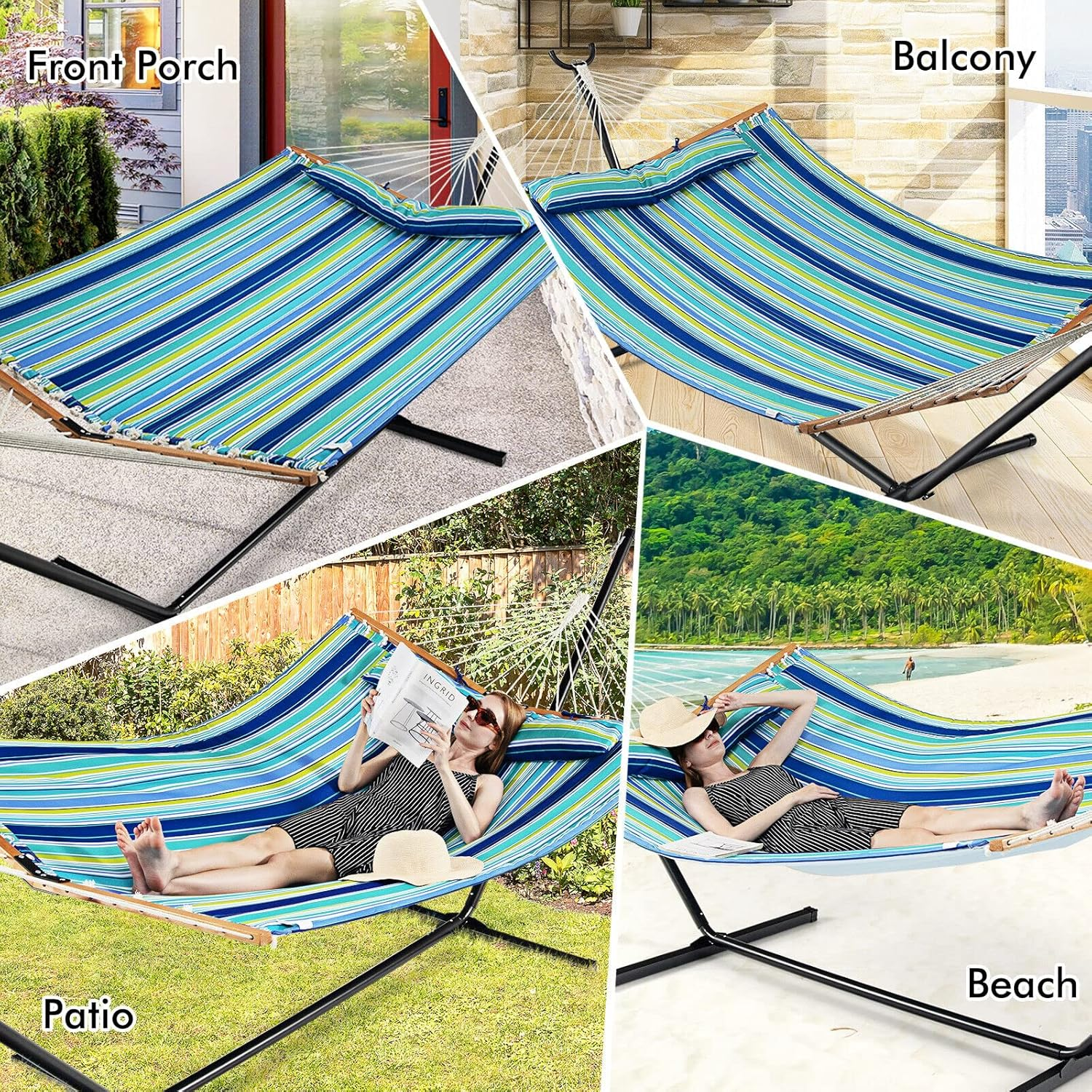 Costway Portable Hammock W/Spreader Bars & Detachable Pillow, Quick Dry & Water Proof Material, Hand Woven Cotton Rope, Outdoor Indoor Hammock for Patio, Poolside, Garden, Backyard image number 4