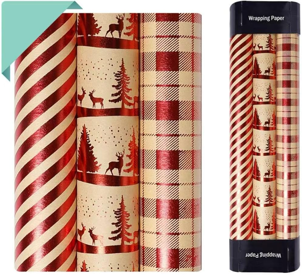 SUPNBDM Christmas Wrapping Paper, Kraft Wrapping Paper for Xmas Day,3 Rolls, 45Cm Width 3M Length Each,With Classical Xmas Pattern Lucky Red,Christmas Wedding Birthday Gift Wrapping Paper image number 1