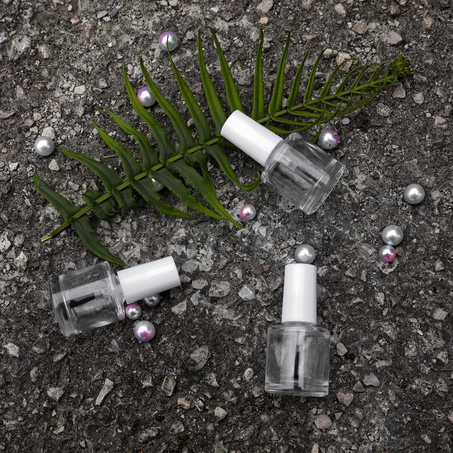 Agidea 20PCS Empty Nail Polish Bottles with Brush White Cap, 10ML Empty Clear Glass Refillable Nail Fingernail Polish Bottles Circle with Mixing Beads & Funnels, 0.35 OZ image number 3