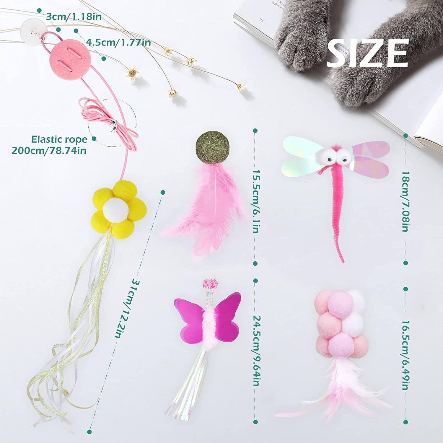 Geeric 5 Pack Interactive Cat Feather Toys, Over-The-Door Cat Toys Retractable Cat Teaser Toy Hanging Interactive Cat Toys for Indoor Cats Kitten Play Chase Exercise Interactive Elastic Rope Cat Teasers image number 5
