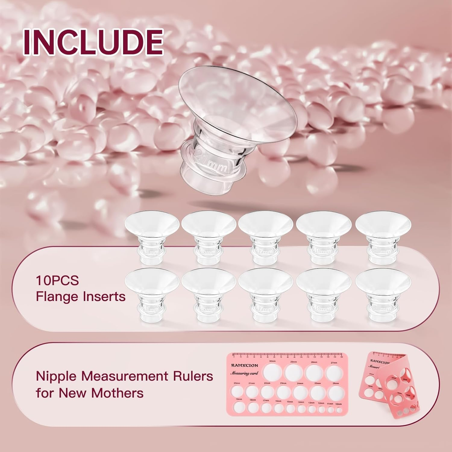 13PCS Flange Sizing Kit 13/15/17/19/21Mm with Nipple Measurement Card & Cleaning Brush, Silicone Flange Inserts for 24Mm Breast Pump Shields/Pumps Accessories image number 1