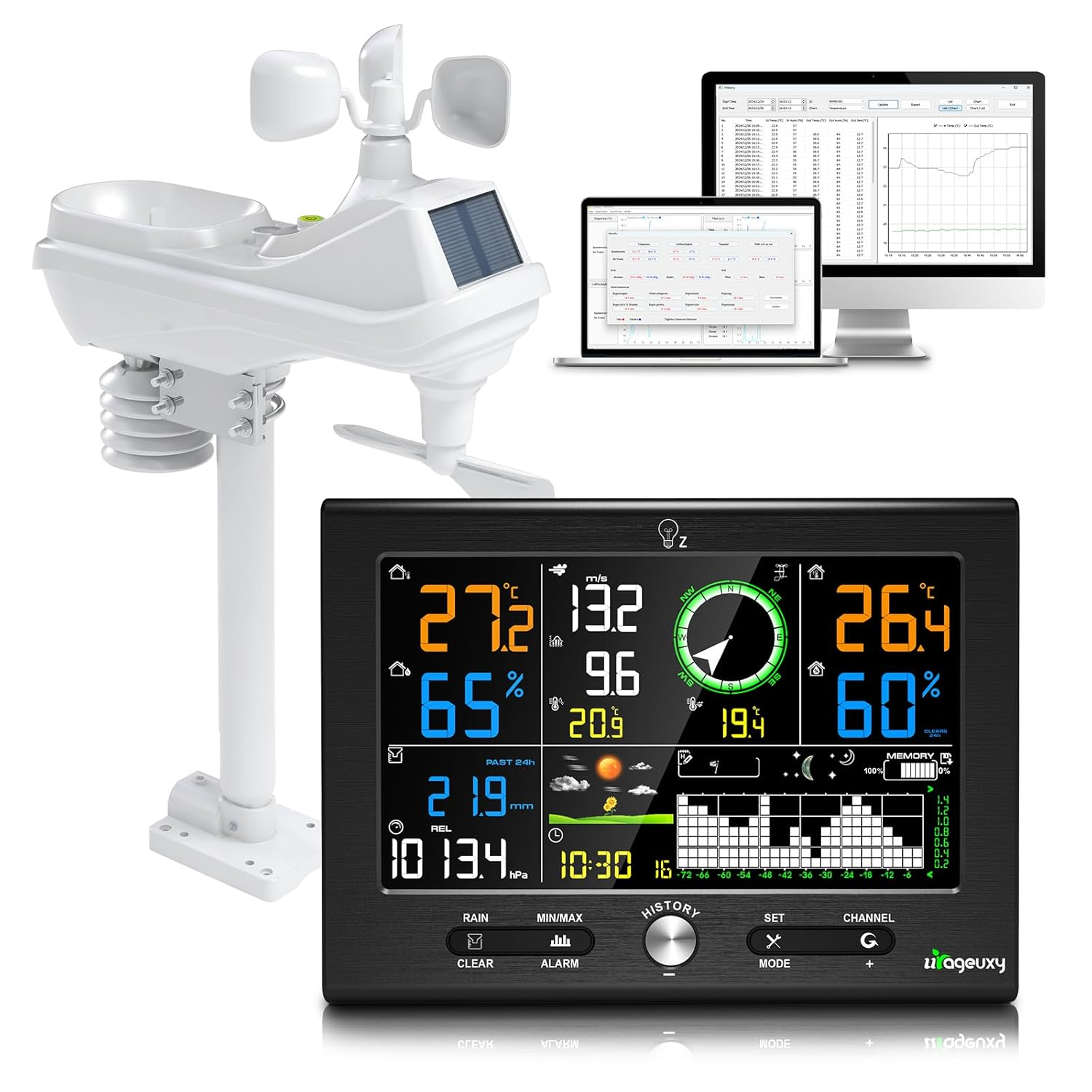 Urageuxy Weather Station Wireless Indoor Outdoor, Weather Station with PC Software, Rain Gauge, Wind Speed, Weather Forecast, Temperature, Humidity, Air Pressure, Moon Phase and Alarm