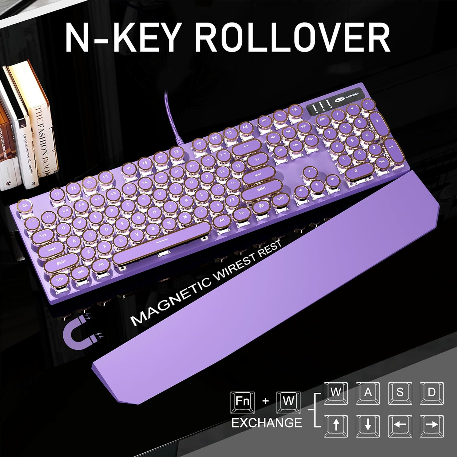 Magegee Typewriter Mechanical Gaming Keyboard, Retro Punk Purple round Keycaps, 104 Keys LED White Backlit Wired Keyboards for Laptop MAC PC Gamer, with Magnetic Wrist Rest, Blue Switch image number 4