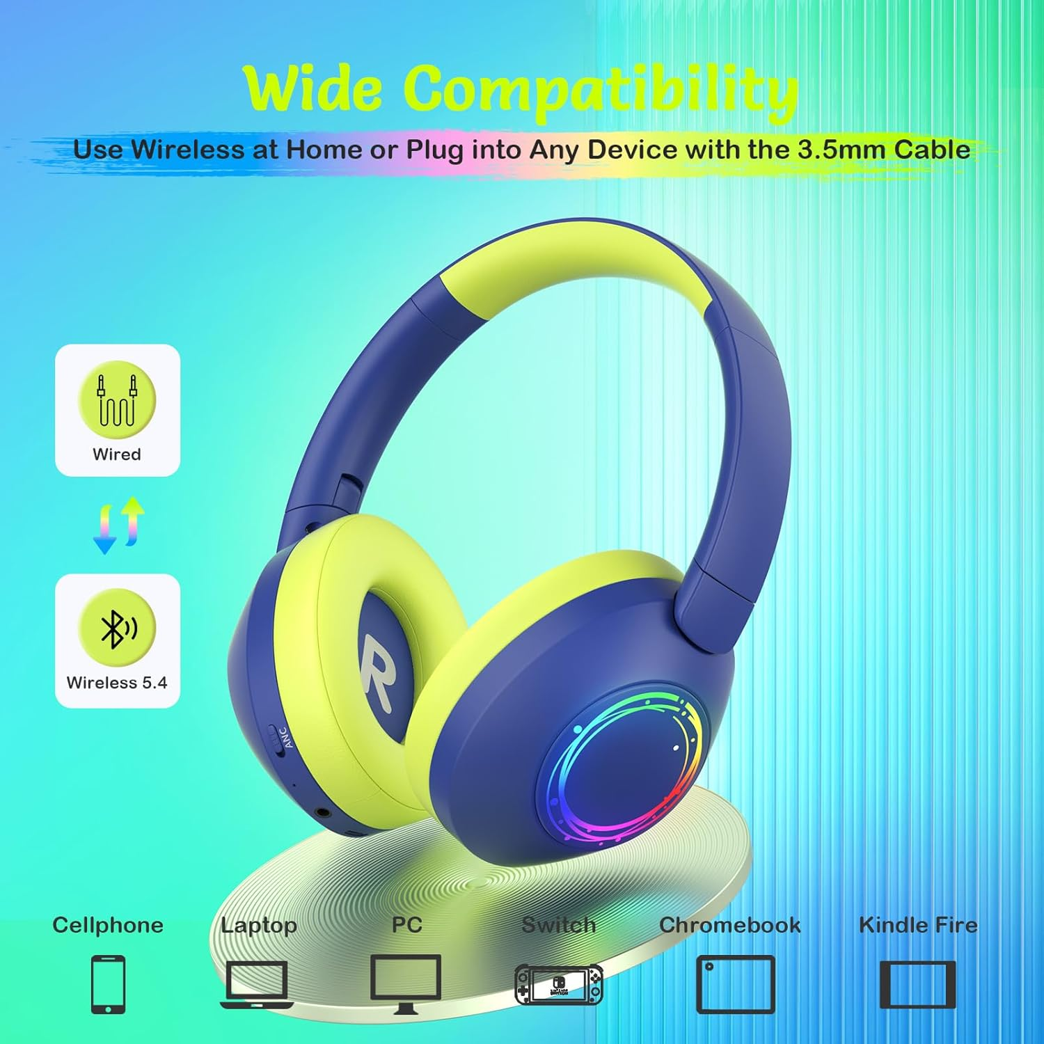 TONOSHARK Noise Cancelling Headphones for Kids, Kids Headphones Wireless, RGB LED Lights, Gaming Headset, 60H Playtime, Bluetooth 5.4, Built-In Microphone for Home/School-Includes Portable Case (Blue) image number 5