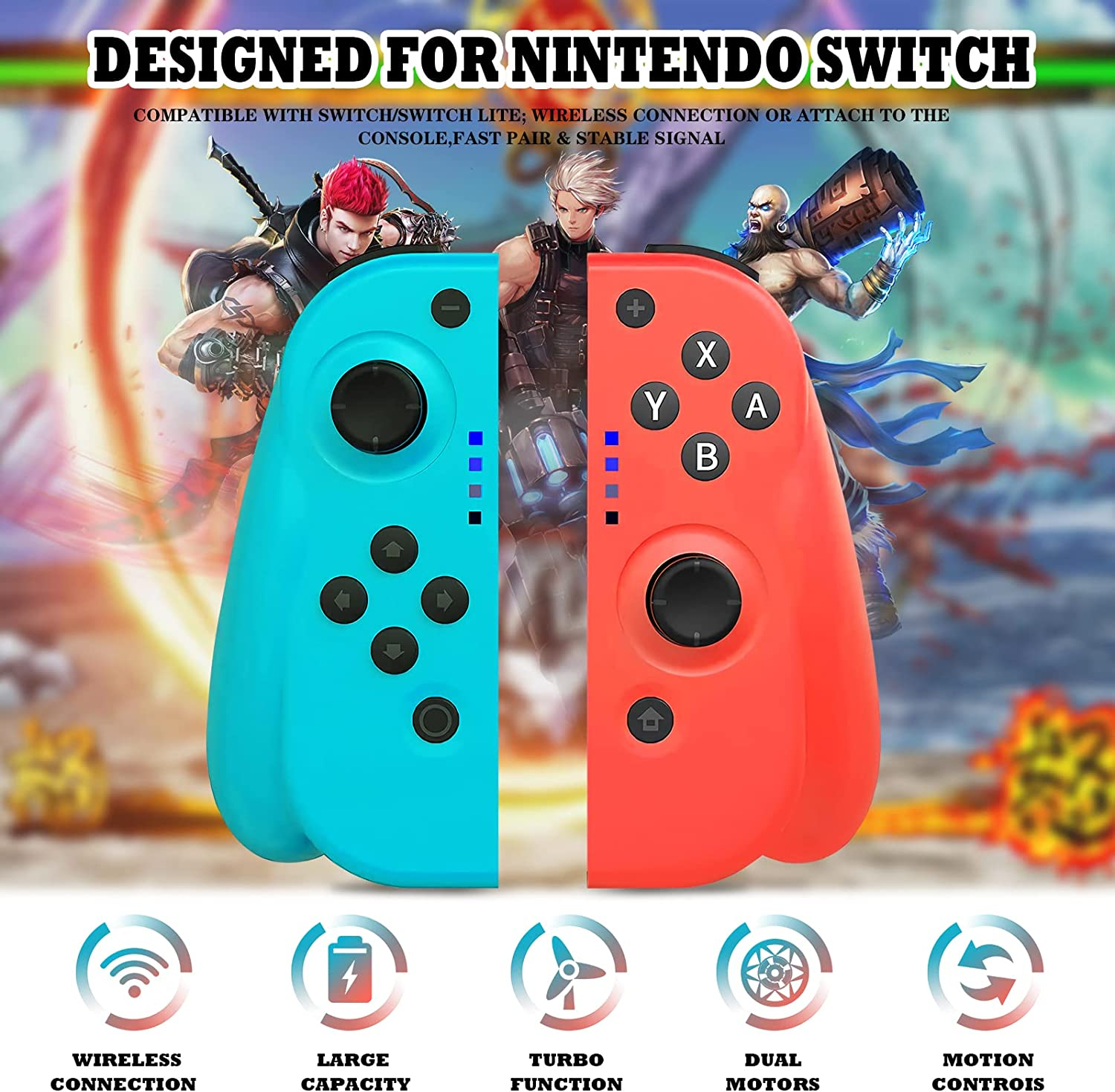 Switch Controller Wireless Gamepad for Switch, Switch Lite Controller with Rechargeable Remote, Double Shock and 6-Axis Gyro, Compatible with Switch/Switch Pro(Red+Blue)