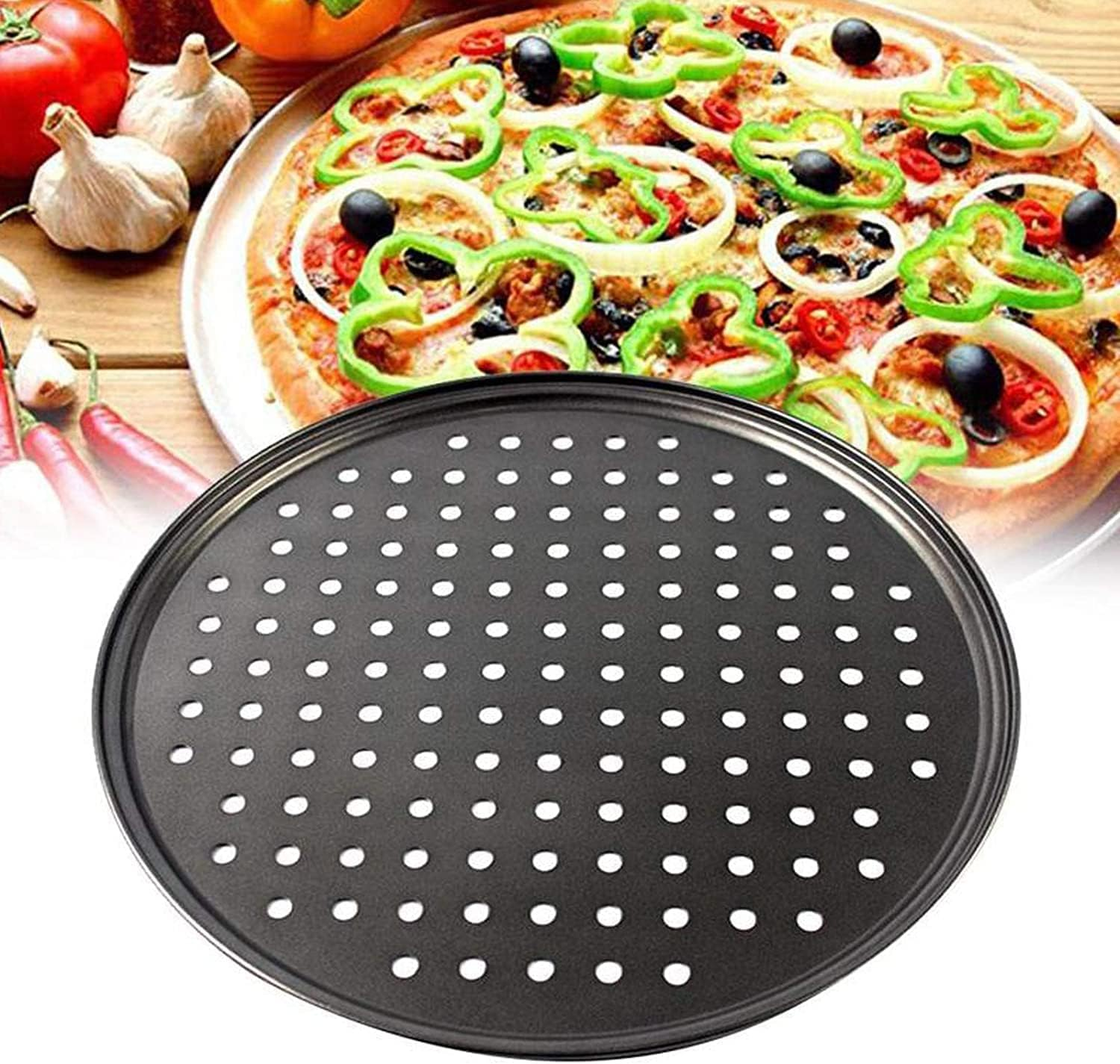 Pizza Pans with Holes 12 Inch Perfect Results Premium 2 Pack Non-Stick Bakeware Pizza Crisper Pan with Pizza Cutter for Home Kitchen image number 1