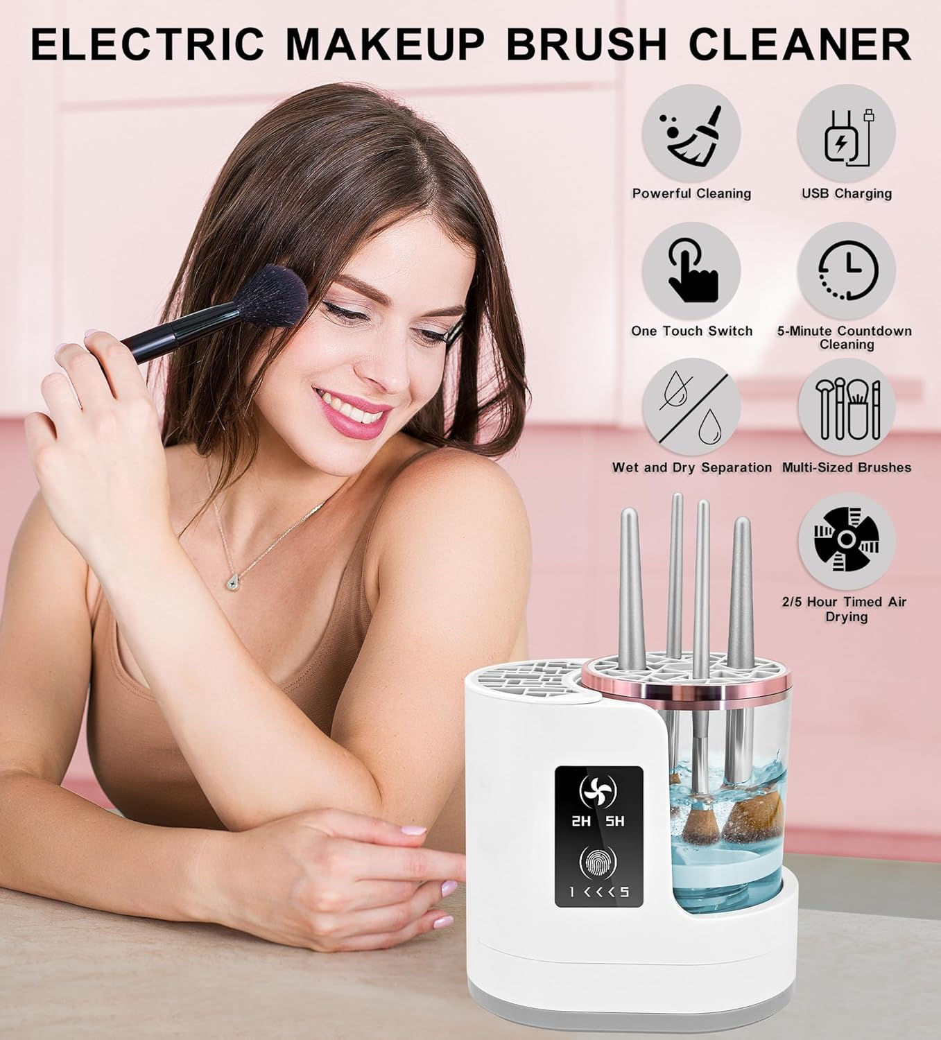 Makeup Brush Cleaner and Dryer with Touch Control, Automatic 5-Min Countdown Cleaning Brushes, Dual-Direction Spin, 2H/5H Air Drying, Wet-Dry Separation &ndash; 3 in 1 Electric Brush Washer for Multiple Brush Sizes image number 2