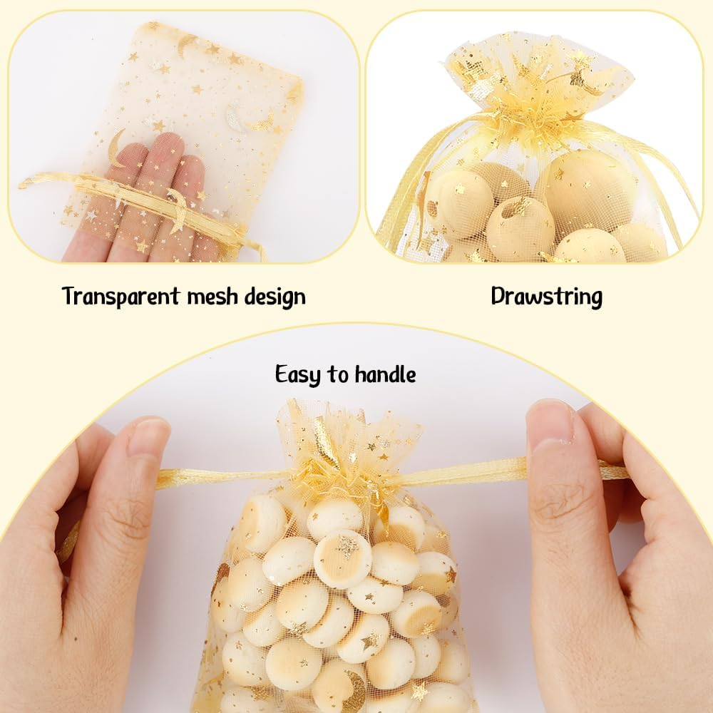 Stars and Moon Drawstring Organza Bags,50Pcs Golden Organza Gift Bags,Sheer Mesh Pouches for Jewelry Candy Presents Wedding Party Festival Favour Makeup Birthday Halloween Christmas Wrapping Supplie - Golden image number 2