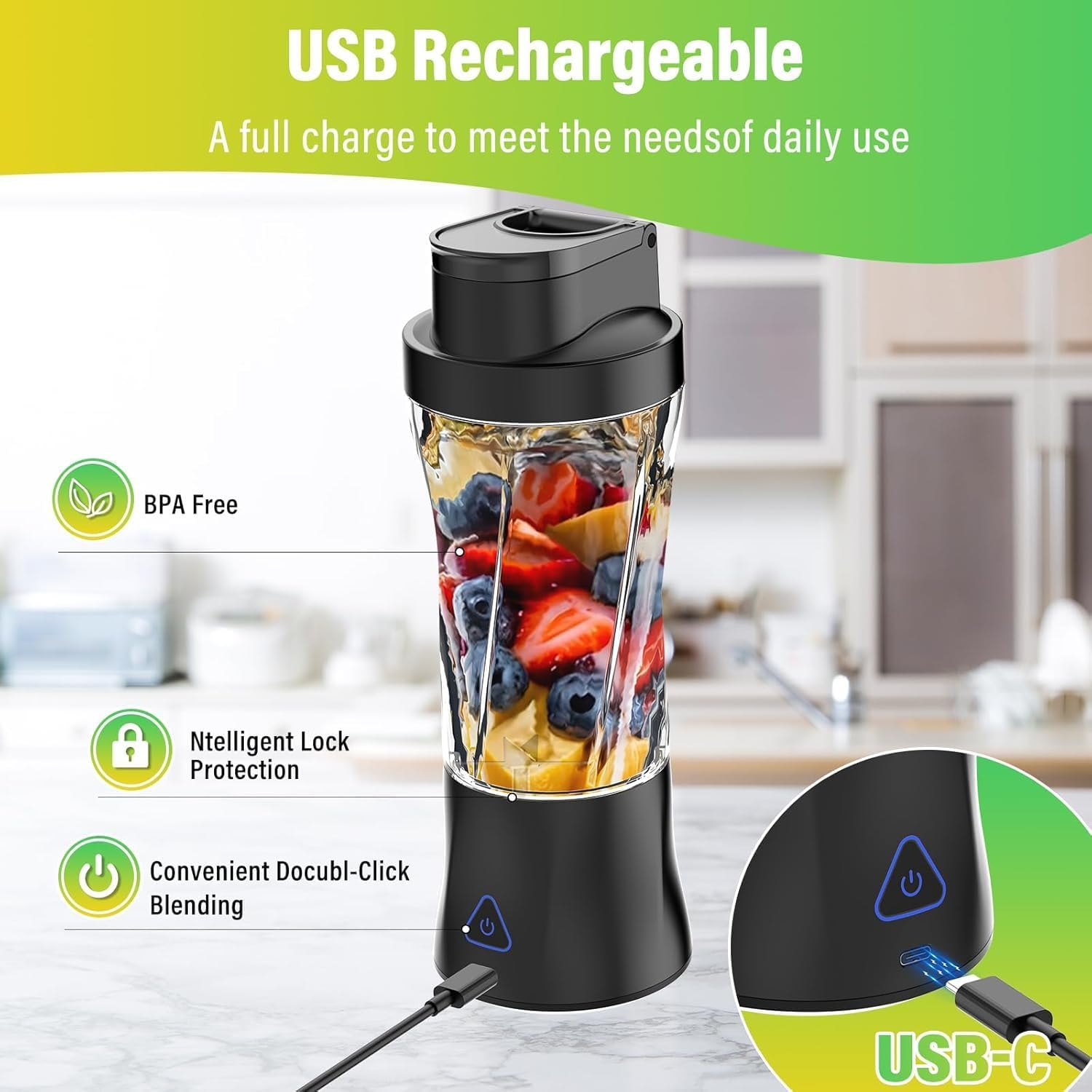 Portable Blender, 360 Watt Personal Blender for Shakes and Smoothies, 6000Mah USB Rechargeable, BPA Free 24 Oz Juicer Cup with 6 Blades and Lid, Self Cleaning Portable Juicer for Kitchen, Black image number 4