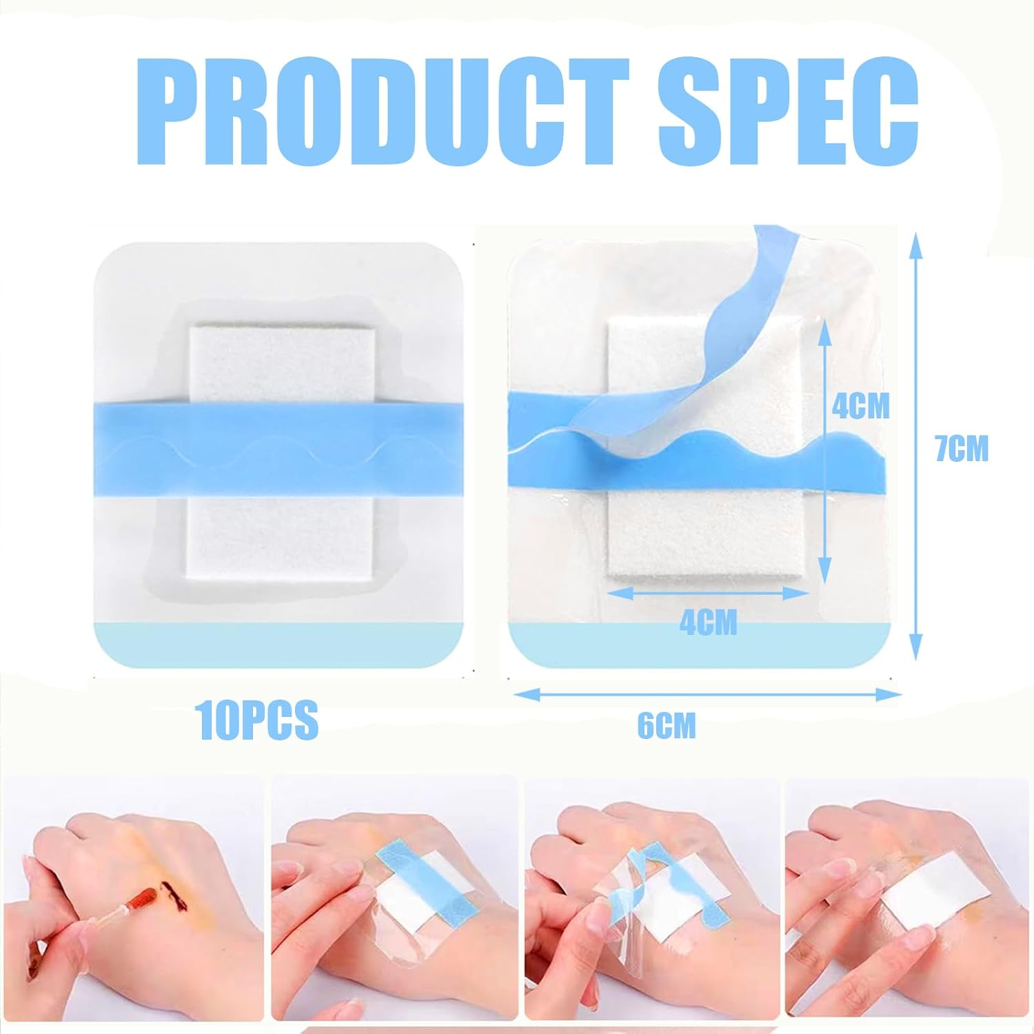 Section Adhesive Island Dressings Pads,Wound Cover Barrier Absorbent Patche,Waterproof Transparent Film Bandage-10Pcs-6 * 7CM