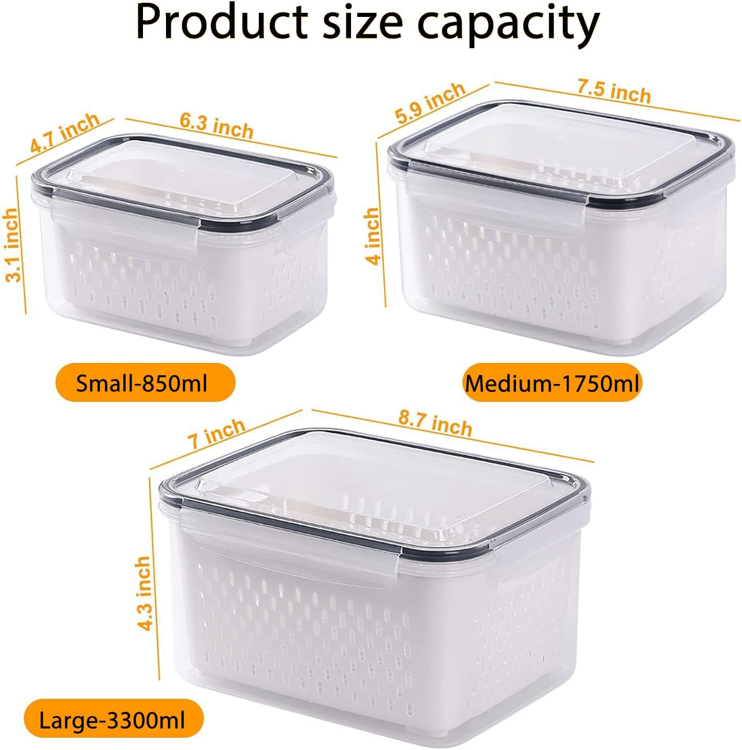 3 Pack Food Containers, Large Capacity Bpa-Free Plastic Box with Lid and Strainer for Fruits and Vegetables, Stackable Fresh Food Storage Containers for Kitchen Storage & Organisation（Grey） image number 5