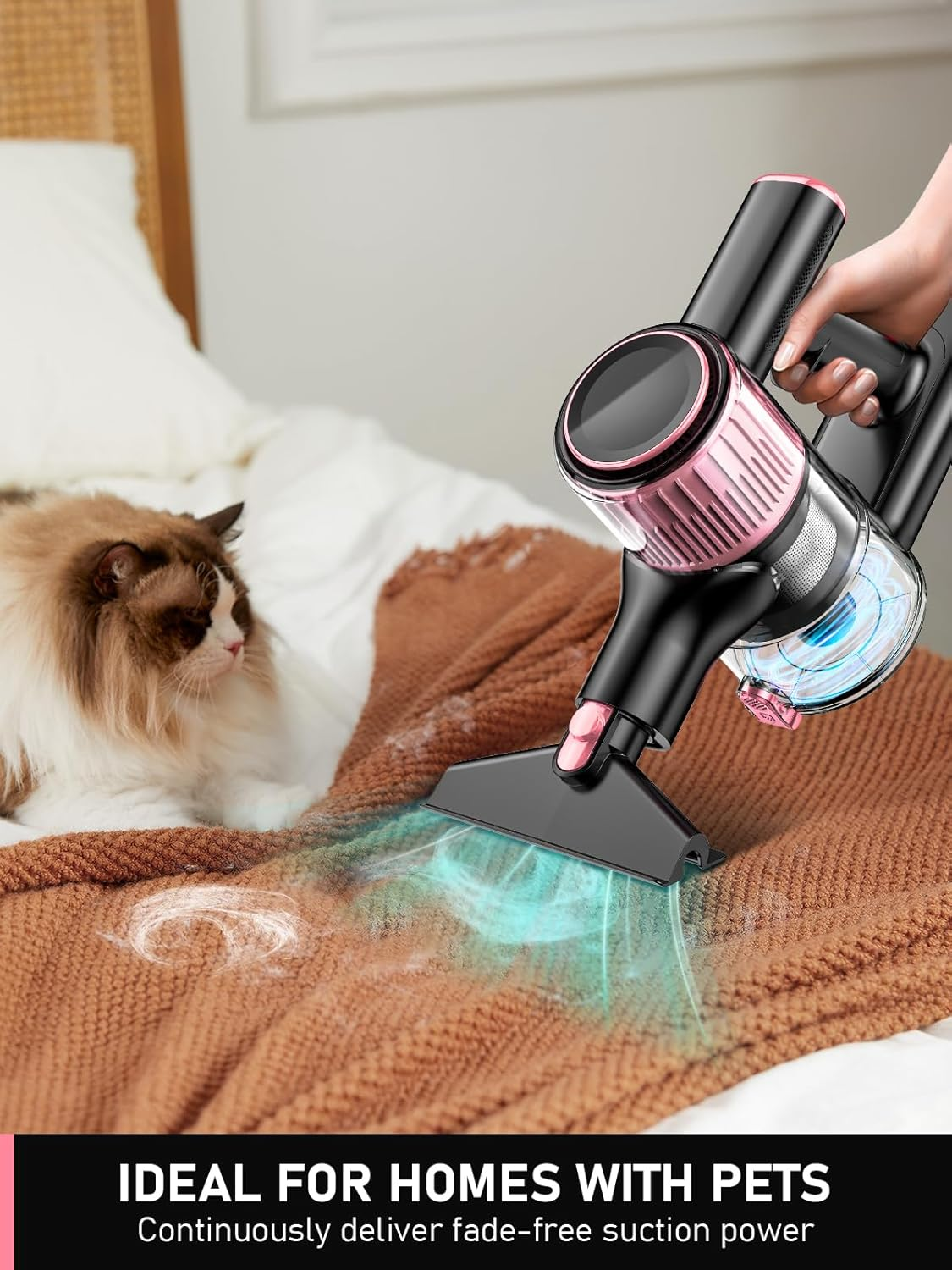 Cordless Vacuum Cleaner, 8 in 1 Powerful Suction Lightweight Vacuum Cleaner for Home, LED Display, 3 Suction Modes, 40Mins Detachable Battery Vacuum for Hard Floor Carpet Pet Hair, Pink image number 2