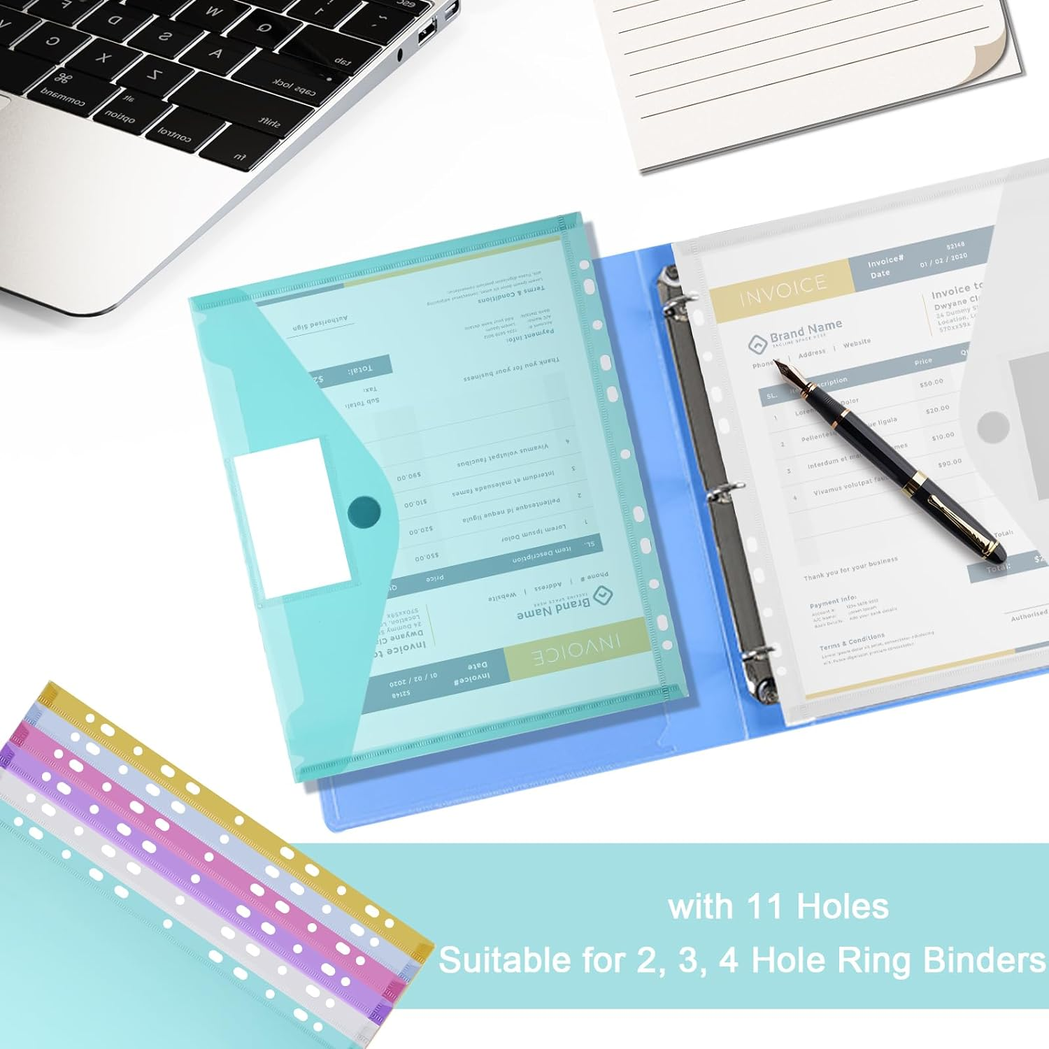 24Pcs 6 Colours Binder Pocket, Plastic Flipchart File Pockets, Envelope Binder Folders with 11 Holes and Tab Pockets and Velcro Buttons, Label Pockets for Schools Offices Homes image number 1