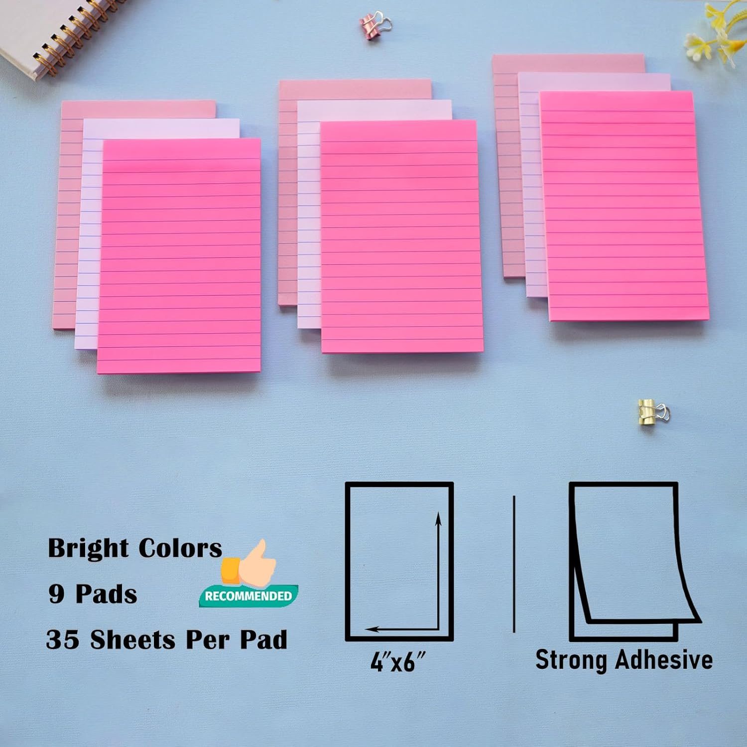 9 Pack Lined Sticky Notes 4X6 in Post Sticky Notes with Lines, Large Ruled Post Sticky Colorful Super Sticking Power Memo Pads Strong Adhesive (Pink Themed) image number 3