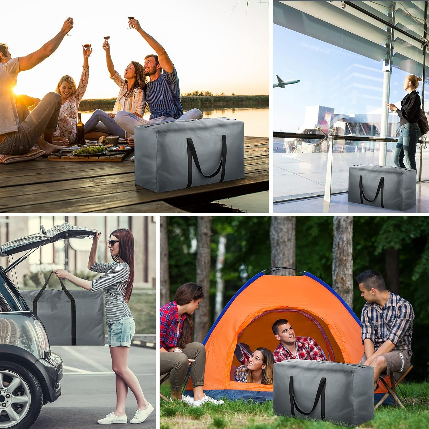 4 Pack 110L Extra Large Travel Duffle Bag, Foldable Waterproof 600D Oxford Cloth Heavy Duty Holdall Bags for Men Women, Strong Moving Boxes for House, Luggage Bags, Grey, XL, Travel