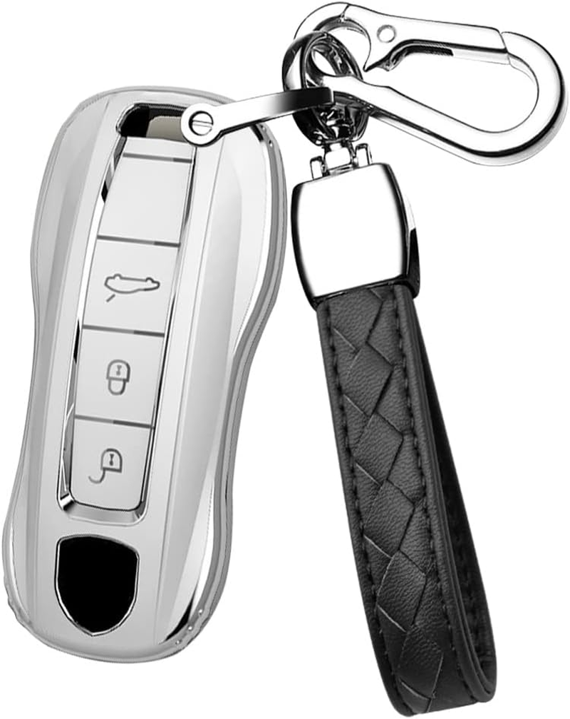 HIBEYO Key Fob Cover Compatible with Porsche Cayenne Macan Panamera Boxster 911 Carrera Tayca ABS Key Holder Accessories Smart Remote Auto Key with Keychains-Leather Key Chain(Black) image number 3