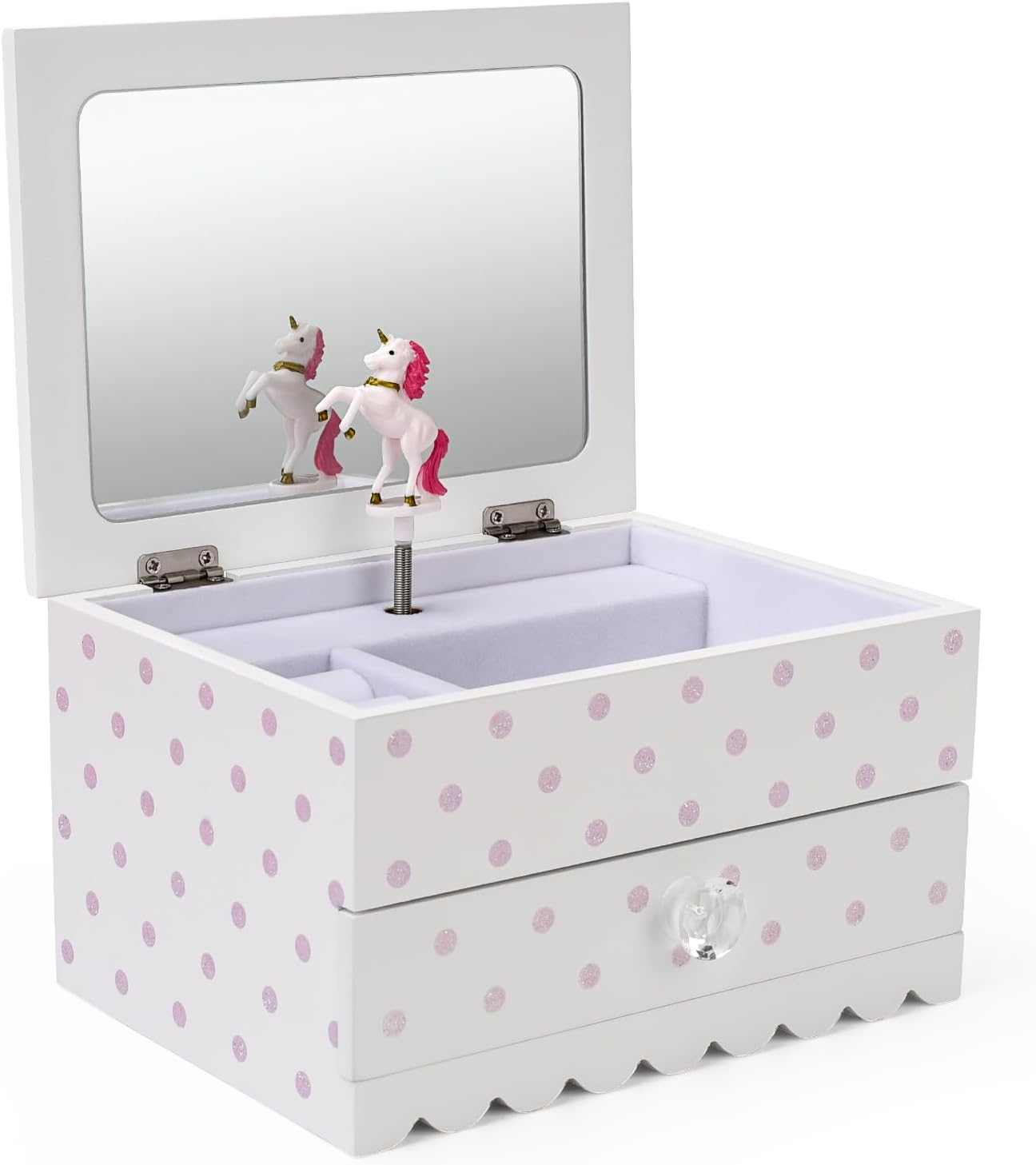 Bella Unicorn Musical Jewelry Box for Girls and Teens &ndash; Painted Wood Box with Sparkling Polka Dots &ndash; Dancing Little Unicorn &ndash; Charming Room D&eacute;cor and Childhood Memories Keepsake Box (White)