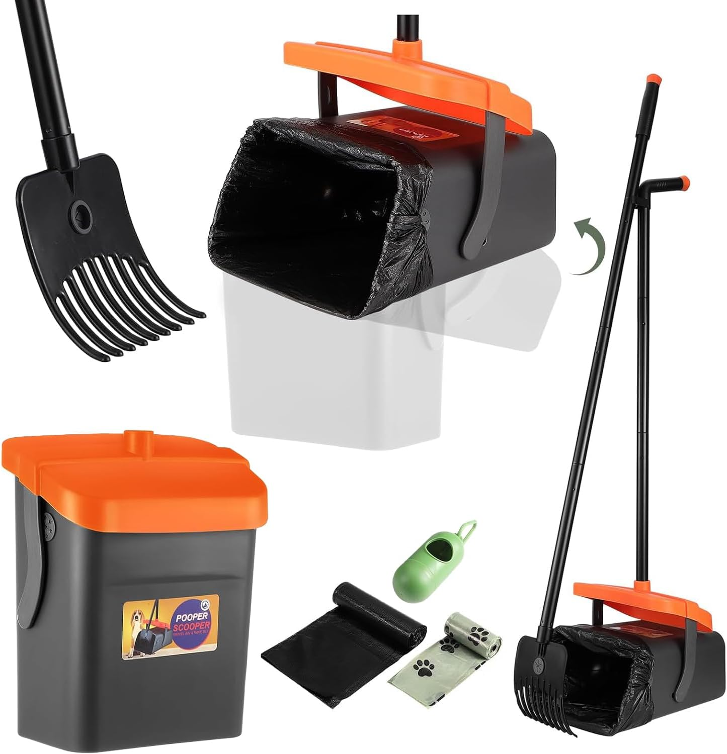 Pooper Scooper Swivel Bin & Rake Kit,114Cm Adjustable Dog Poop Scooper,With 35 Dog Waste Bags,Portable Dog Poop Picker,For Lawns, Grass, Dirt,Gravel-Dog Waste Set/Garden Cleaning Kit image number 2