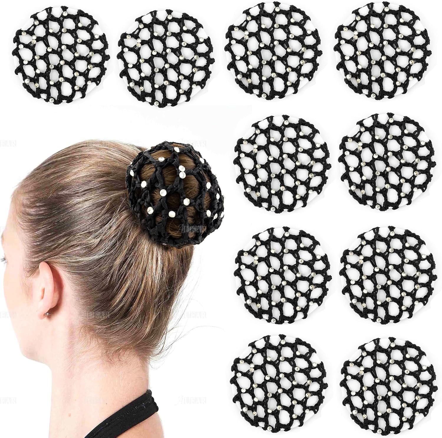 AUEAR, 5 Pack Hair Bun Cover Rhinestone Snood Hair Net Handmade Crochet Elastic Bun Hair Nets for Women Girls Ballet Dance Skating