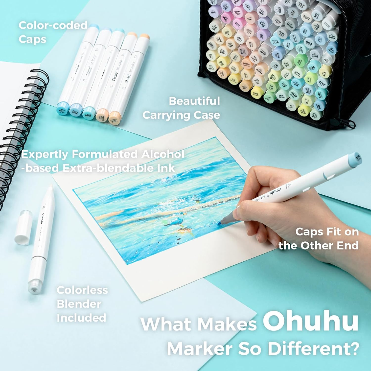 Ohuhu Pastel Markers Alcohol Based -96 Pastel Colors of Sweetness & Blossoming - Double Tipped Art Alcohol Markers for Artist Adults' Coloring Illustration - Brush & Fine - Honolulu B image number 2