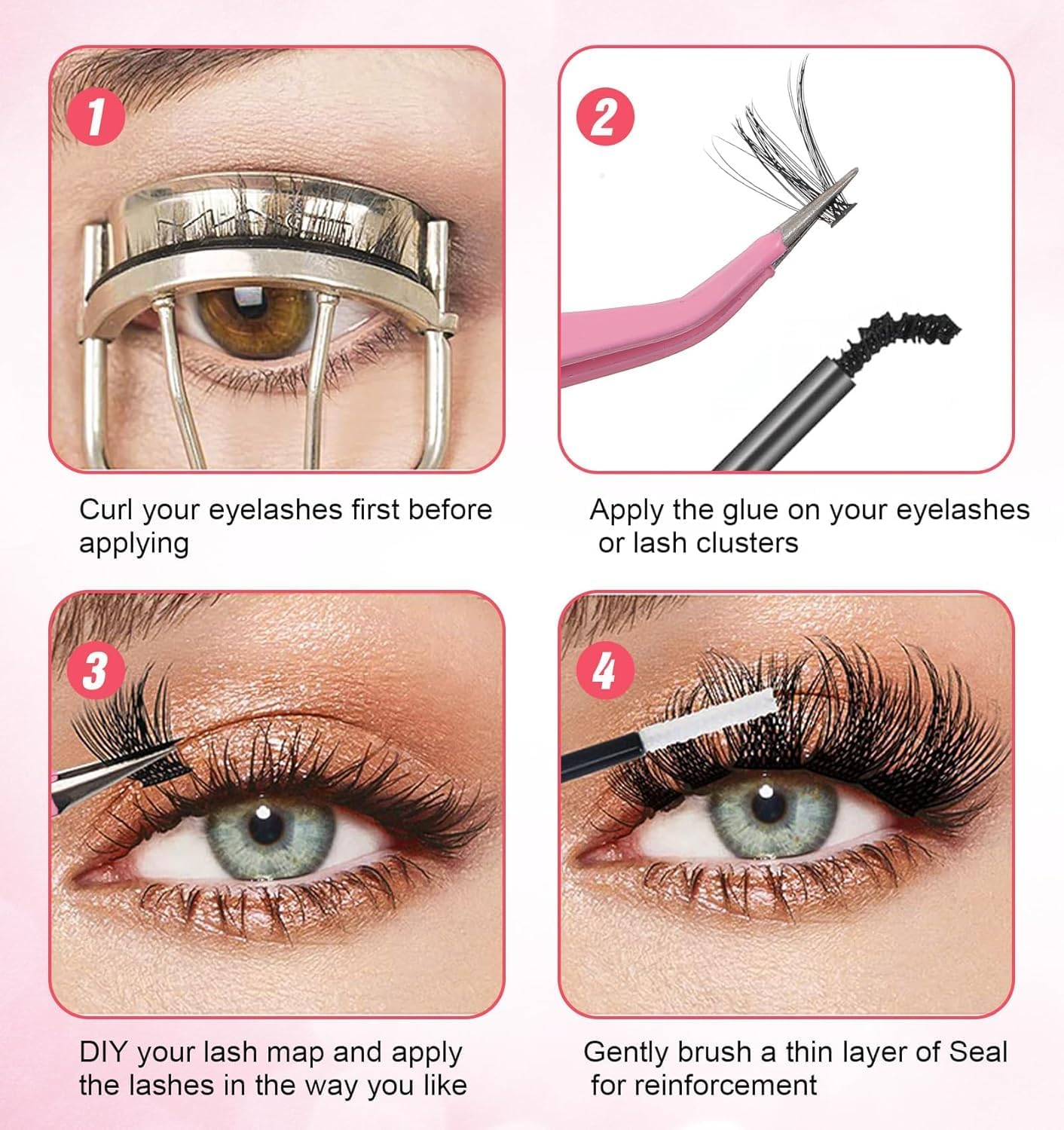 Colored Lash Clusters Kit, 600 Pcs Eyelashes Clusters Extensions,Individual Lashes D Curl Fluffy Wispy 1 Eyelashes Thin Band with Bond Seal Tweezers Brush DIY for Beginners(30+40+50D+Eyelash Book Kit 9-16Mm) image number 1