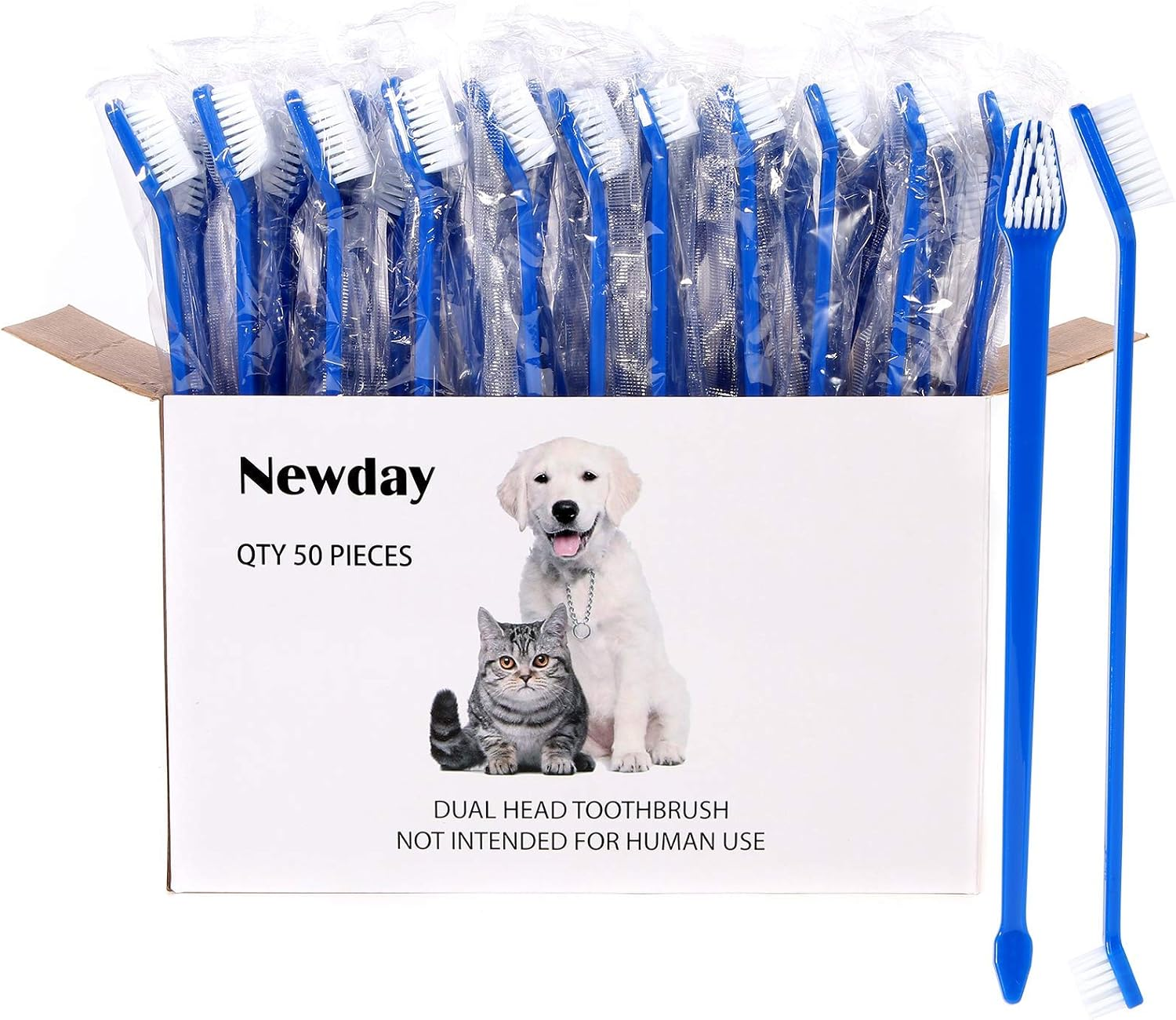 Newday 50 Pack Dual Ended Long Dog & Cat Toothbrush, Pet Safe Super Soft Bristles for Pet Dog Puppy Kitten Dental & Oral Care Teeth & Gums, Pet Toothbrushes in Box, Bulk Individual Polybag (Colorful)