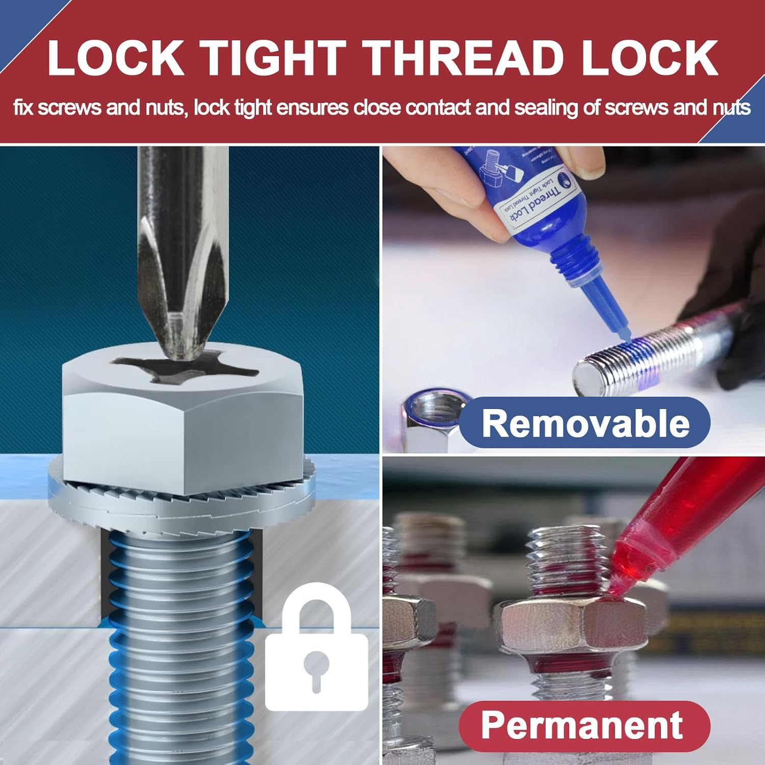Thread Lock Medium and High Strength Lock, 10Ml X 2 Locktight Threadlock, Threadlocker Fasteners and Screws from Loosening Due to Prolonged Vibration, Stable and Anti-Rust image number 3