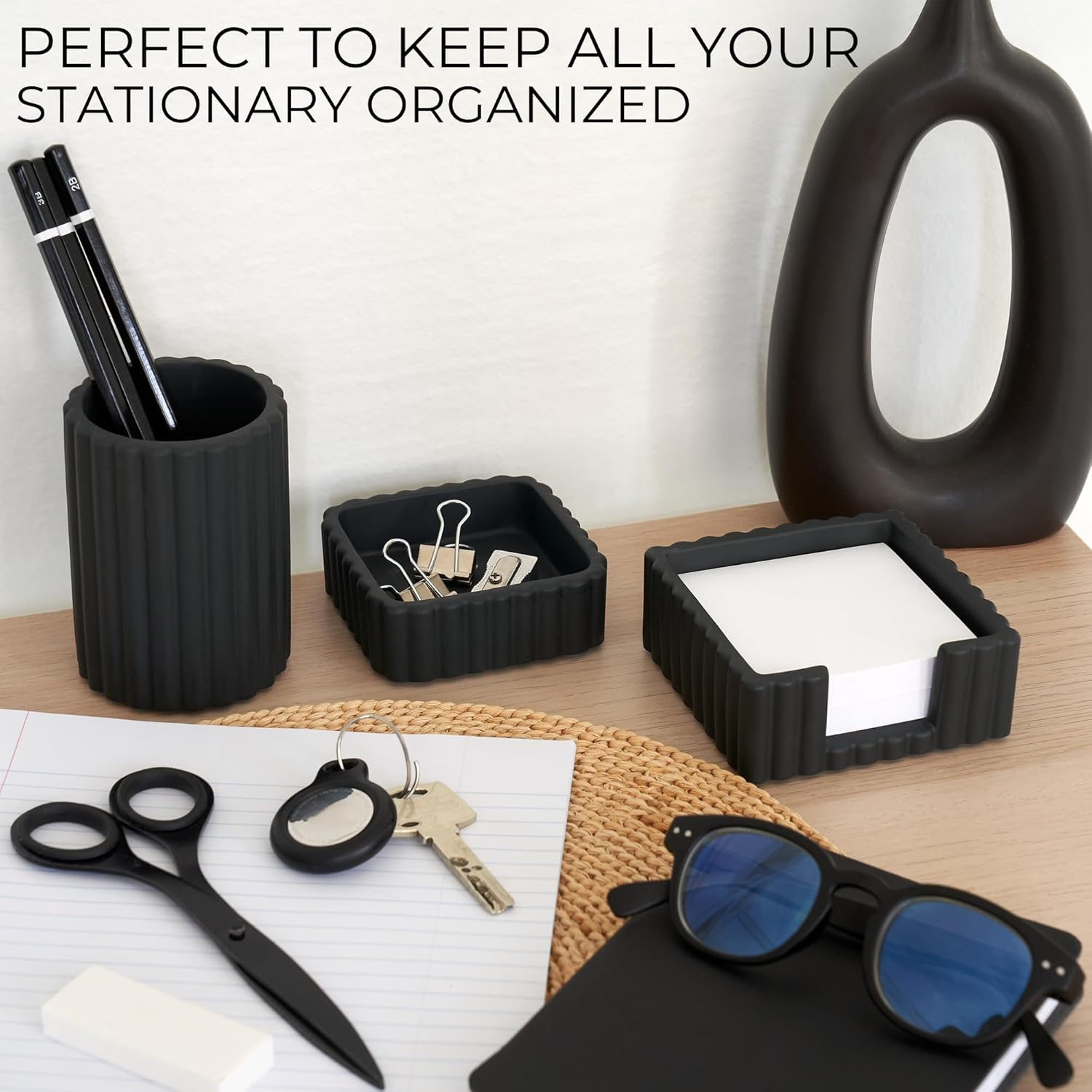 KIBAGA Modern Aesthetic Desk Accessories Set of 3 - Stylish Concrete Organizers for Pens & Office Supplies - a Cute and Functional Addition to Your Workspace Decor - Pink image number 5