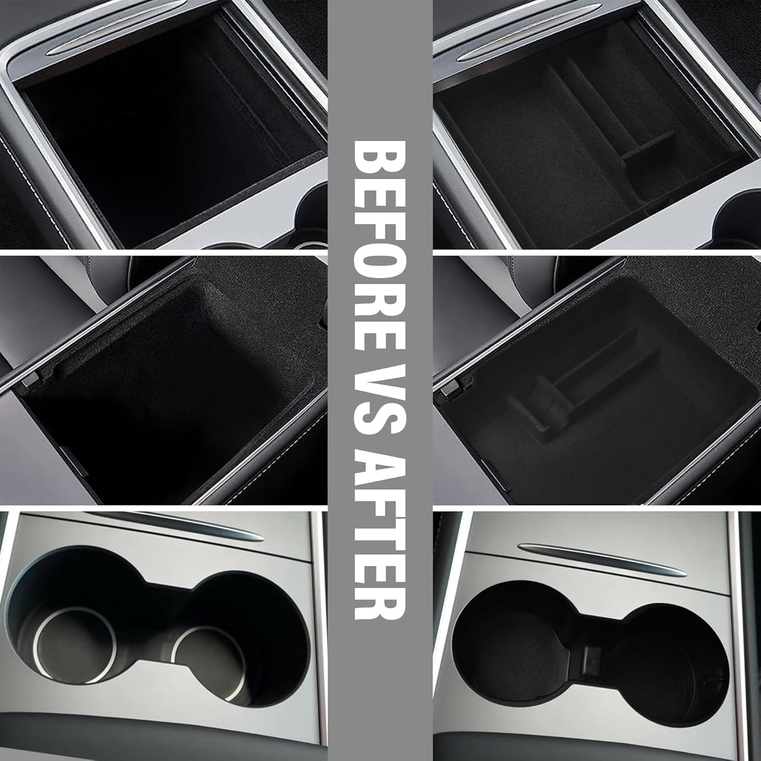 (3 PCS) Center Console Organizer Tray Designed for Latest 2023 2022 2021 Tesla Model 3 Y Accessories, Flocked Front Rear Storage Box with Silicone Cup Holder Insert image number 2