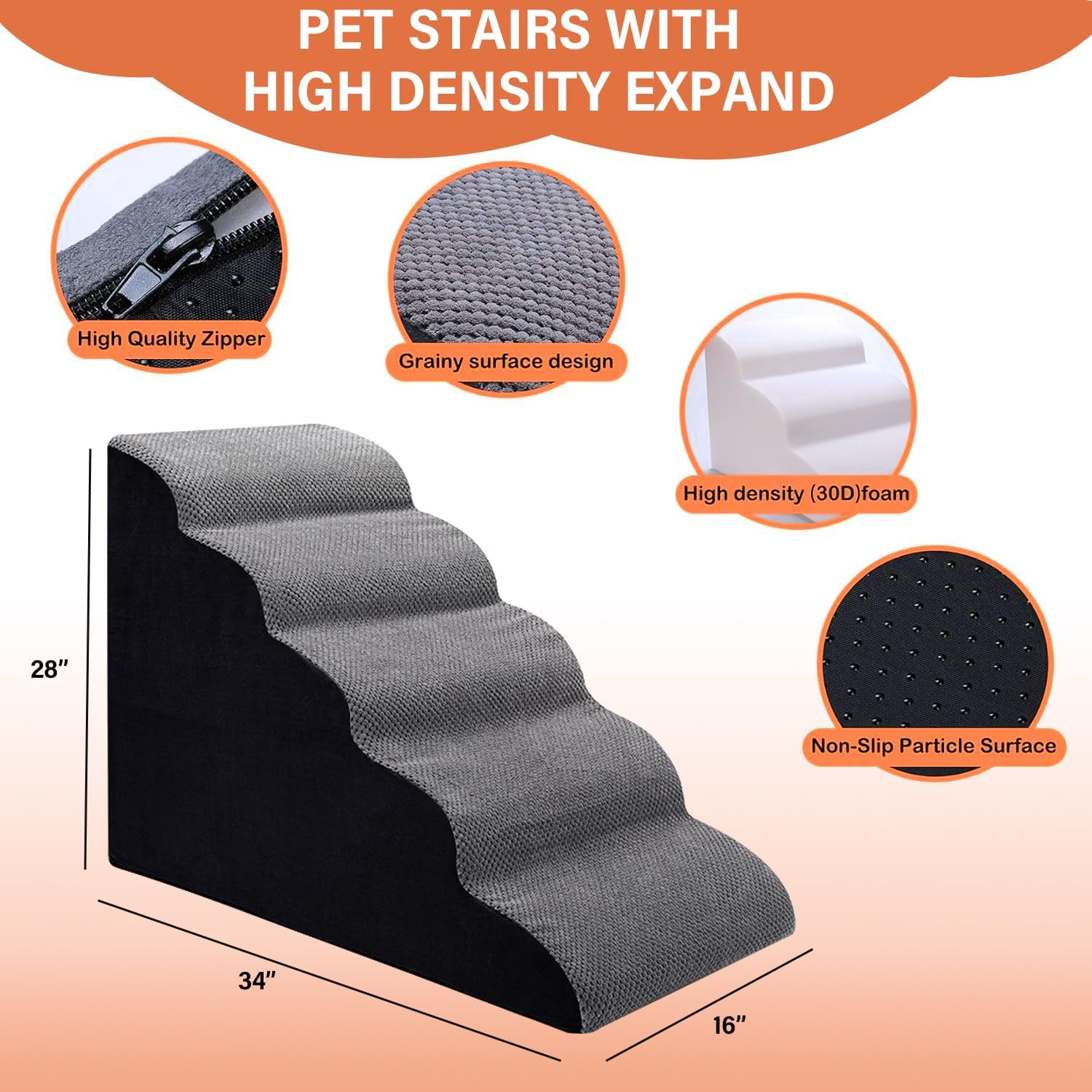 Curved Dog Stairs Ramp, 5 Steps Spliceable Dog Stair, 58Cm Height Pet Stairs for High Bed 28" H Climbing, 35D Foam Non-Slip Bottom Pet Step Indoor & Outdoor Multi-Use with Removable & Washable Cover image number 1