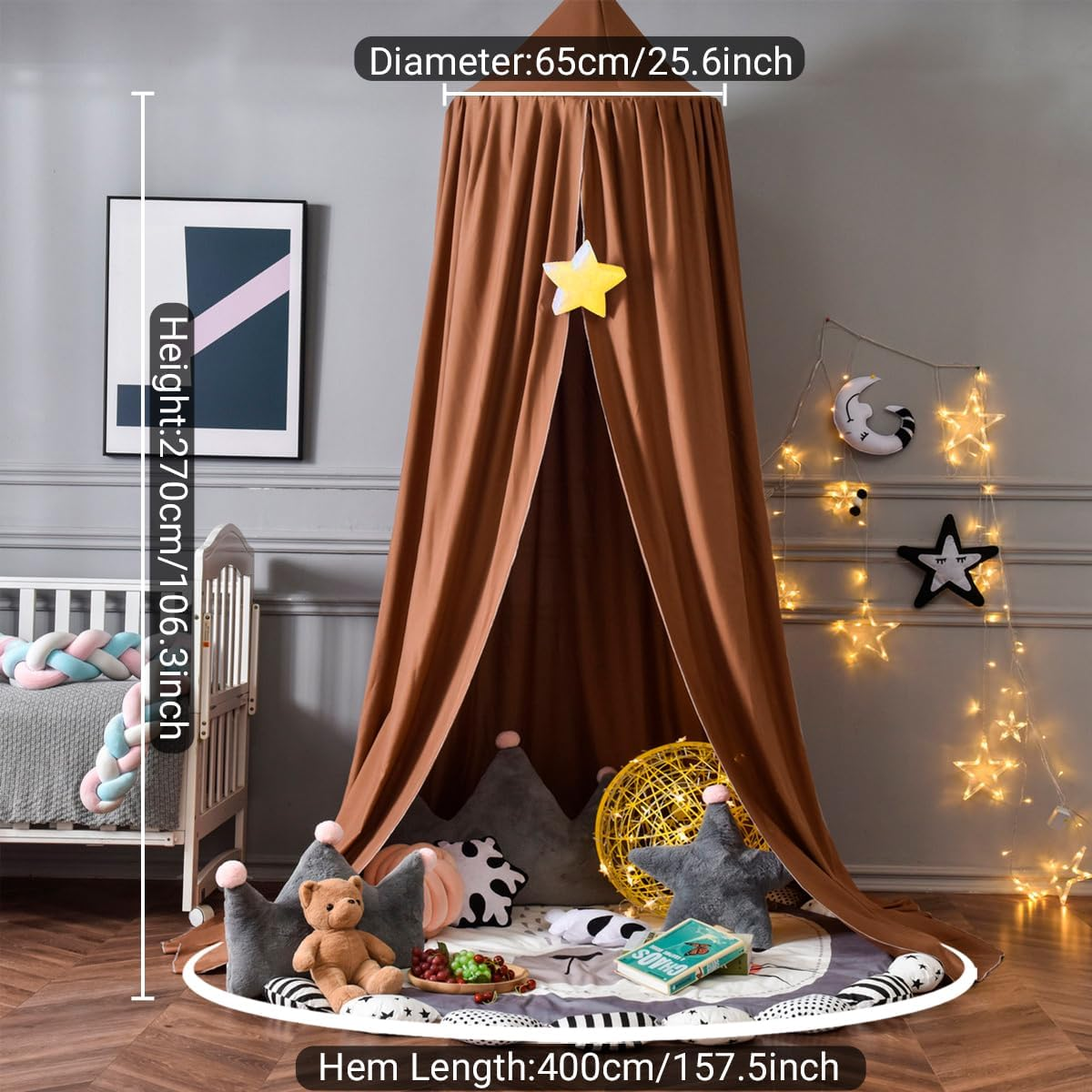 Kids Bed Canopy, Princess round Dome Canopies for Girls & Adults Mosquito Net for Nursery Baby Crib Child Bed Cotton Hanging Bedding Drapes for Reading Nook Hideaway Castle Game Play Room Decor - Khaki image number 5