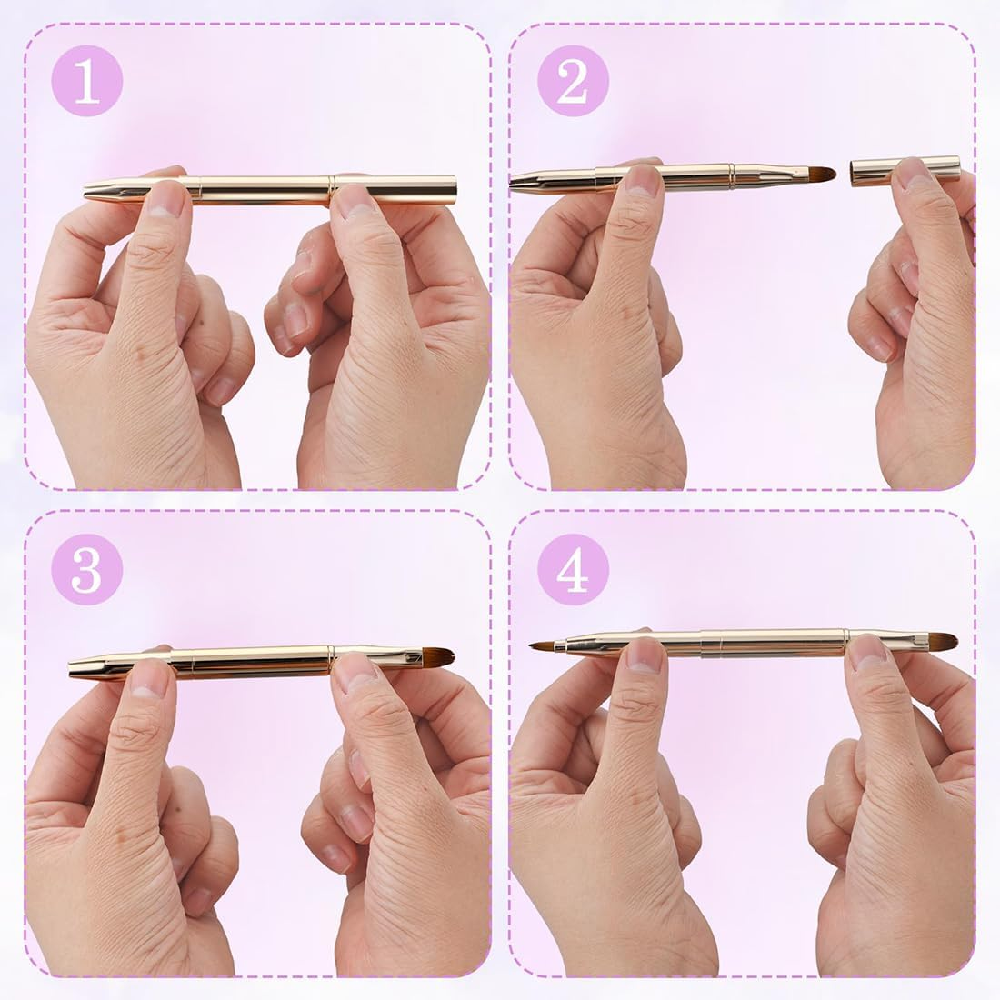 3 Pack Retractable Double-Ended Lip Brush, Lipstick Liner Brush, Lip Gloss Applicator, Soft Synthetic Bristles, Gold, Silver, Rose Gold image number 6