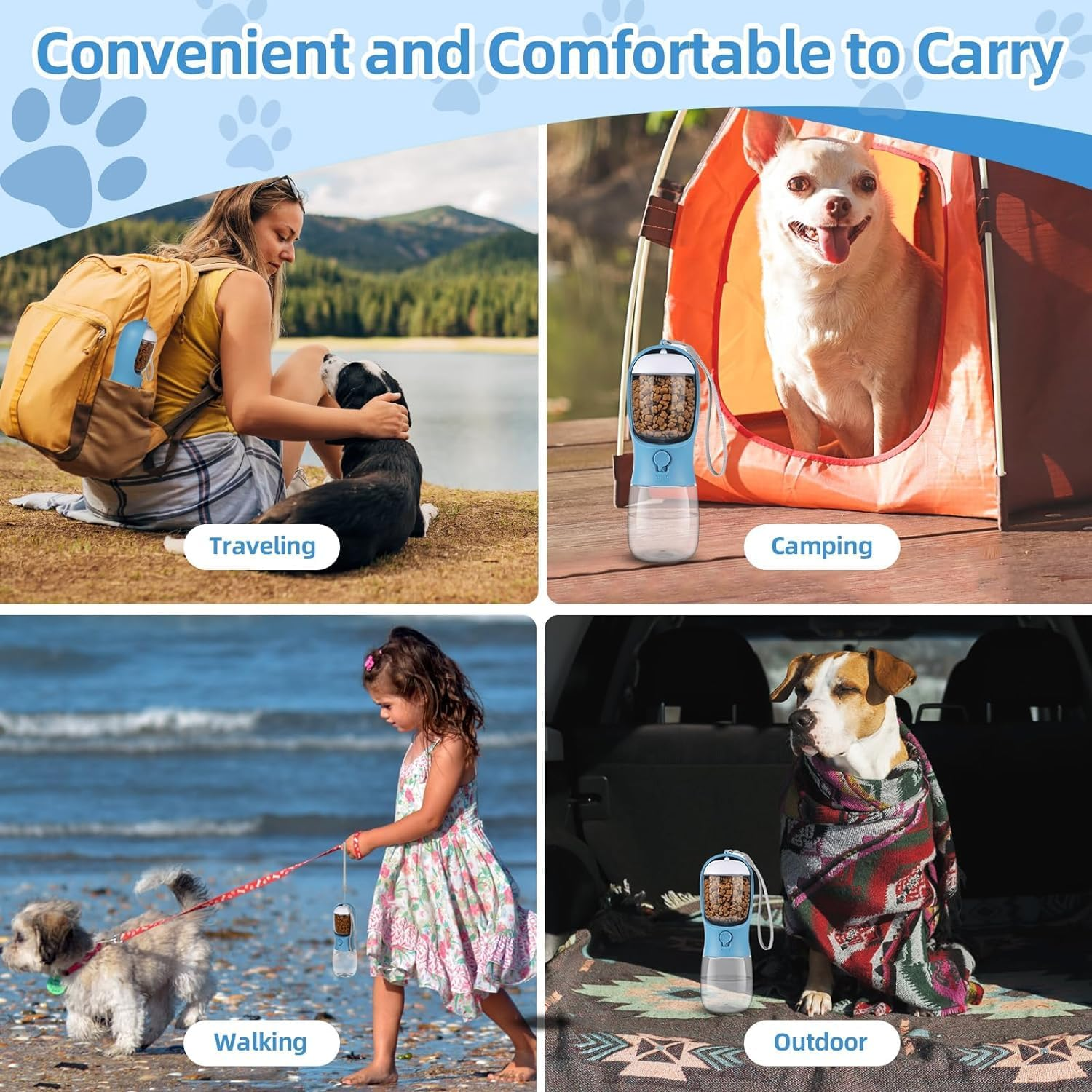 Dog Water Bottle, Portable Pet Water Bottle with Food Container, Outdoor Portable Water Dispenser for Cat, Rabbit, Puppy and Other Pets for Walking, Hiking, Travel (Blue, 550Ml+100G) image number 6