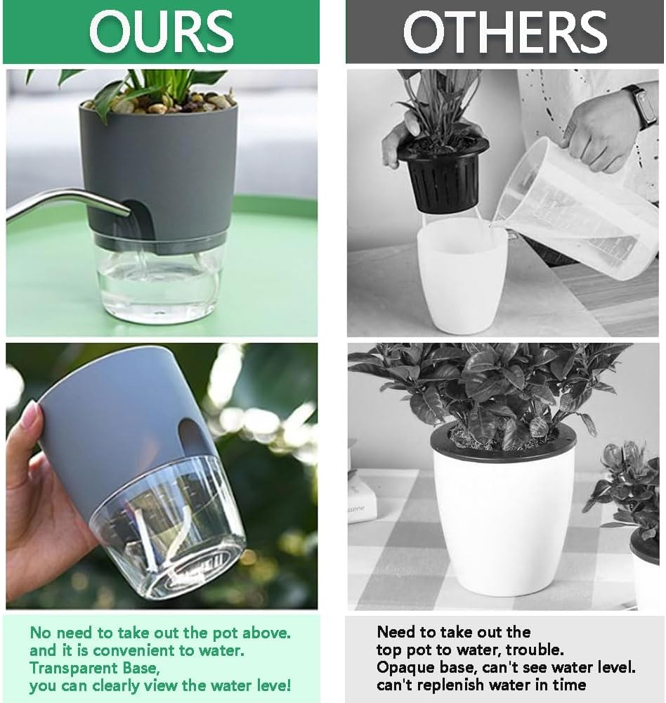 HYAVIA 3 Pcs Self Watering Plant Pots Indoor Planters , Plastic Pots for Succulents, Flowers, African Violets, Snake Plants (Grey) image number 1