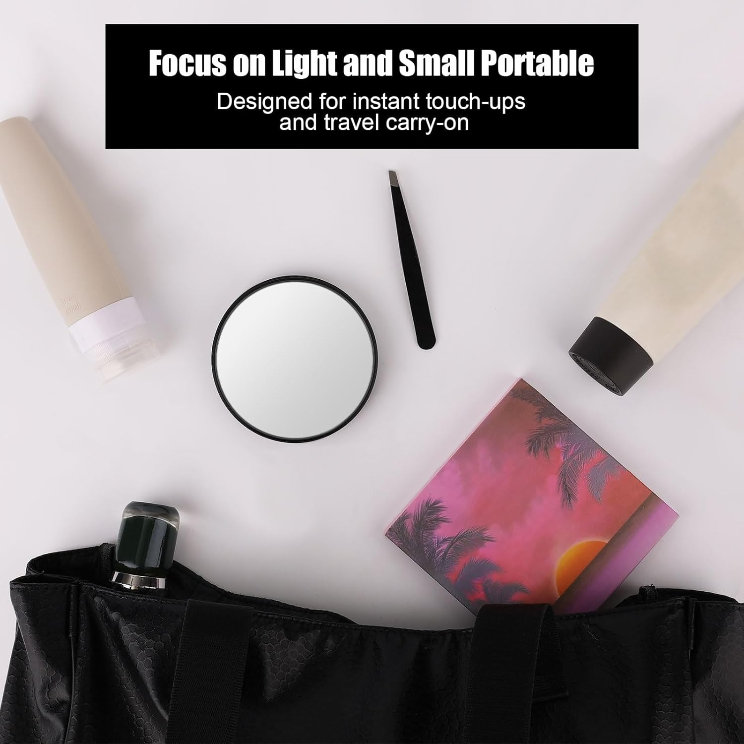 NQEUEPN 10X Magnifying Mirror, Easy Mounting 10X Magnifying Mirror with Suction Cups and Tweezers Magnifying Makeup Mirror Small for Travel Stick on Shower Mirror for Men Women, 3.5 Inch, Black image number 3