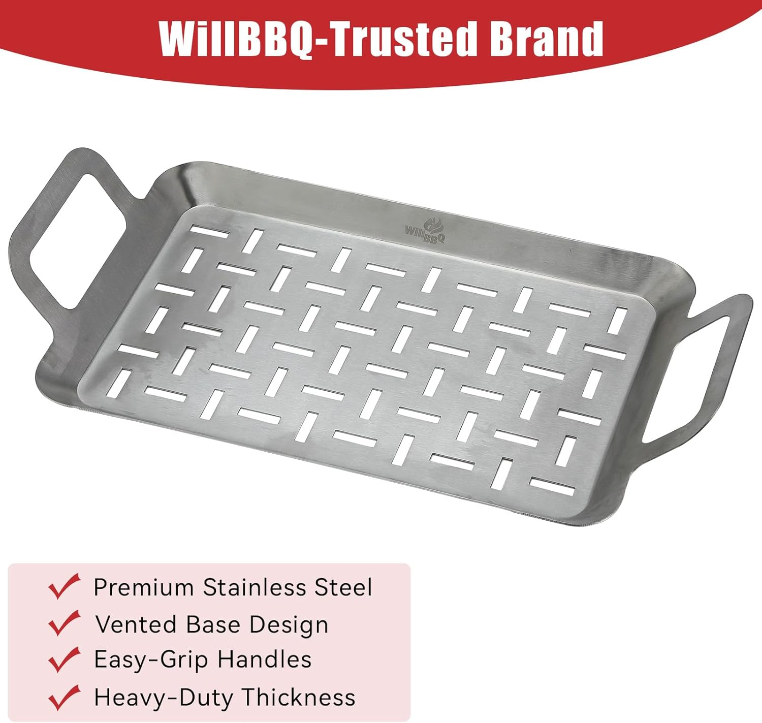 Willbbq Heavy-Duty BBQ Grill Plate Topper &ndash; Stainless Steel Tray with Handles for Grilling, BBQ, Outdoor & Kitchen image number 6