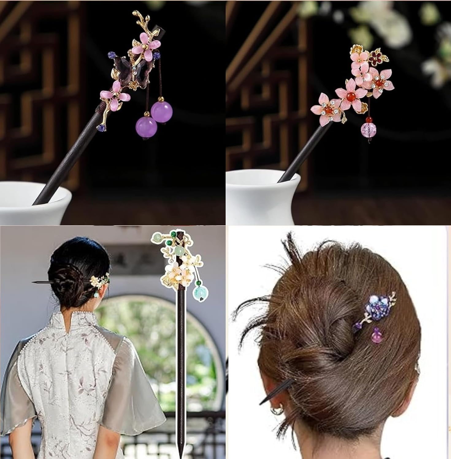 Auswalar 3 PACK Wooden Hair Sticks Chinese Traditional Flower Hair Sticks with Bead Vintage Wooden Vintage Asian Hair Pin Japanese Kanzashi Handmade Headpiece for Women Girls