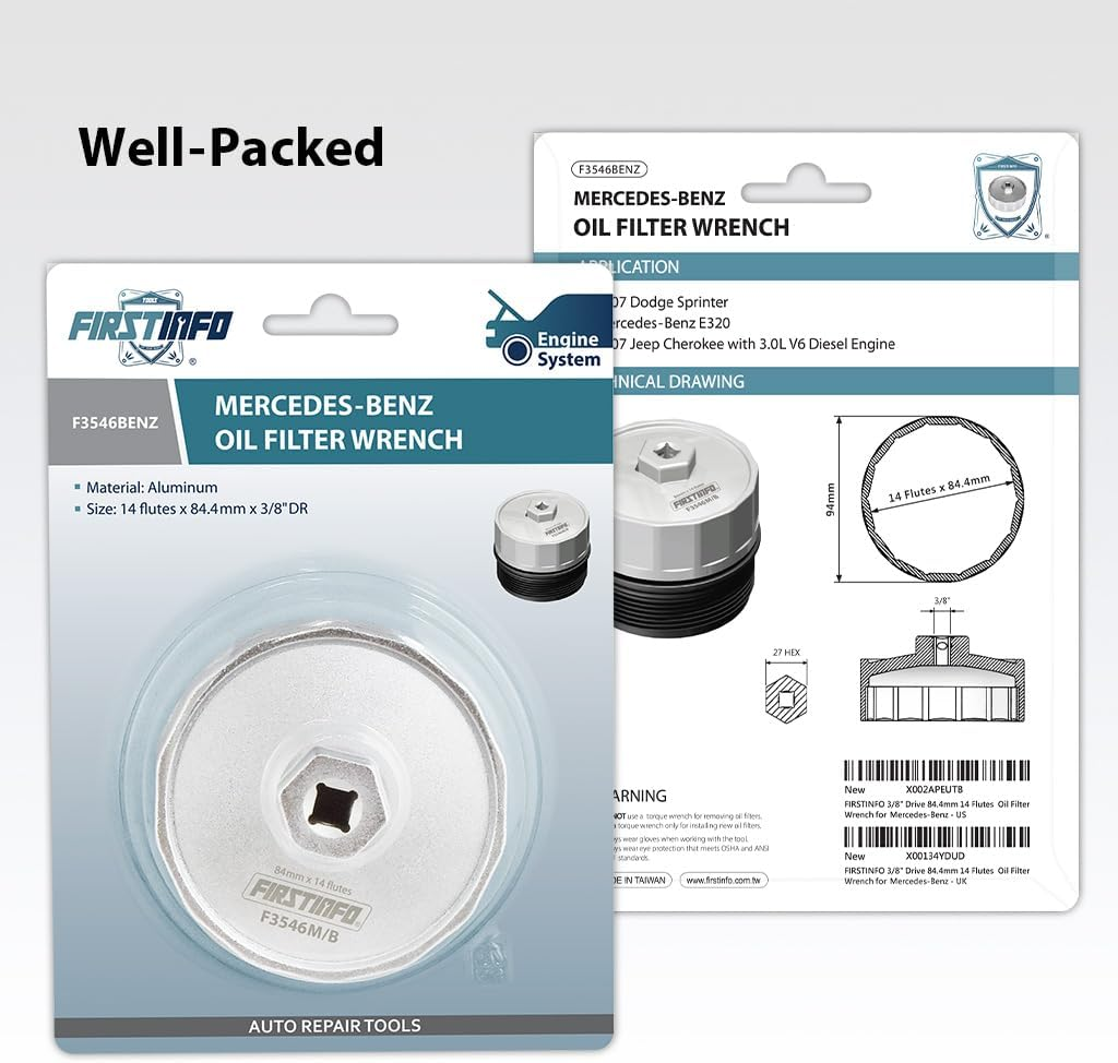FIRSTINFO 3/8" Drive 84.4 Mm 14 Flutes Oil Filter Wrench for Mercedes-Benz Dodge & Jeep 3.0L Diesel Engines image number 1