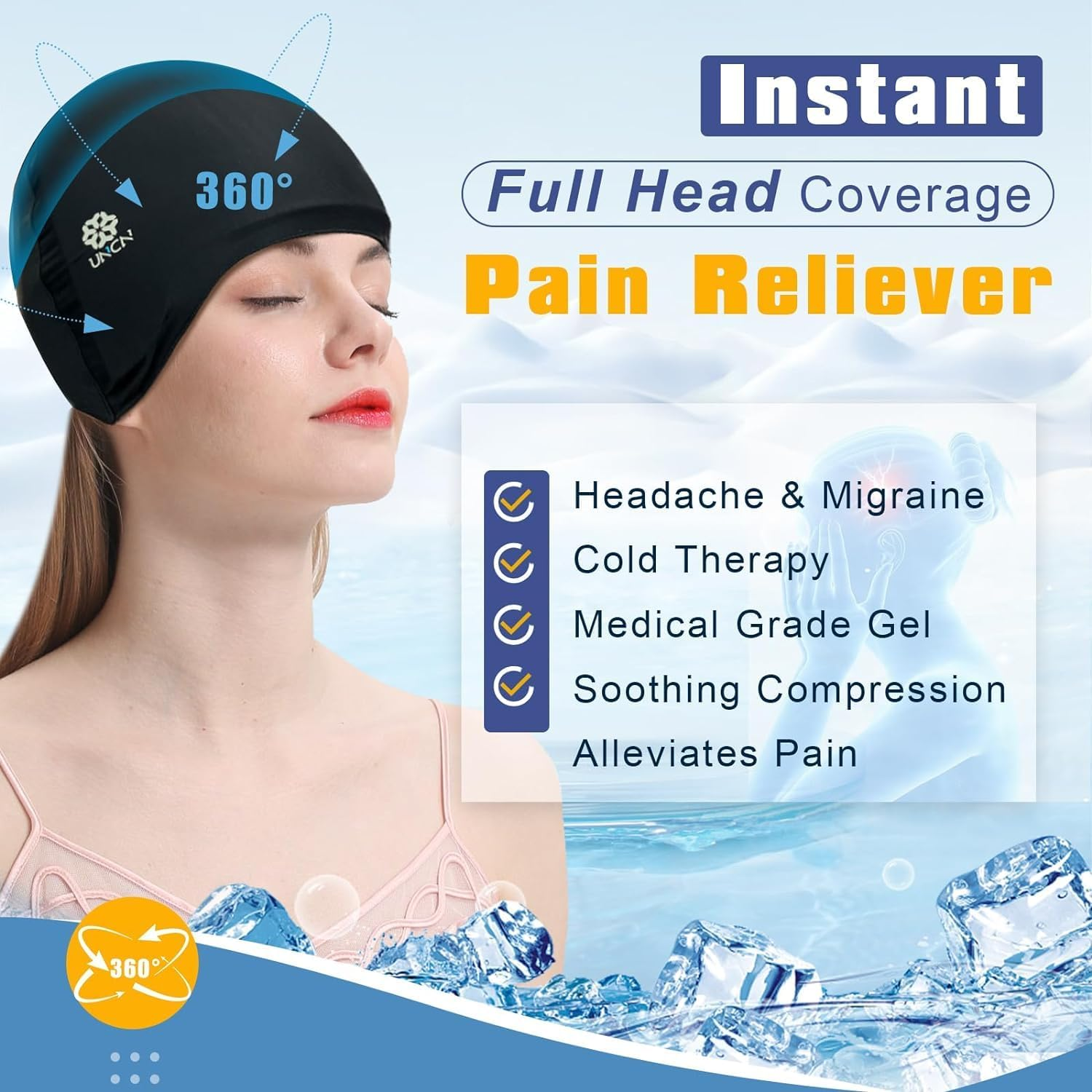 UNCN Migraine Cap, Headache Relief Hat, Super Cold Gel Ice Pack Cap, Cold Compress for Migraine, Headache, Tension and Stress Relief, Reusable Ice Hat image number 1