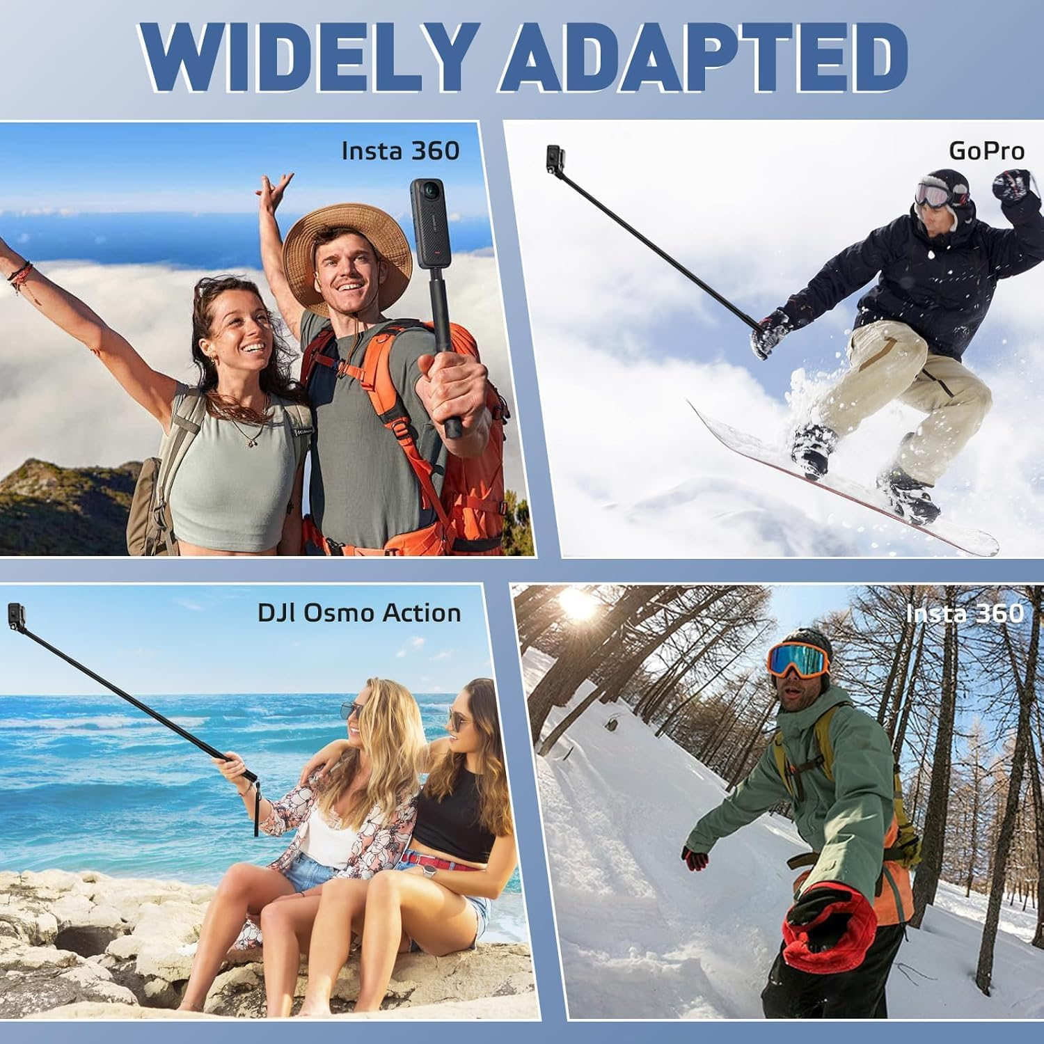 Selfie Stick for Insta360 & Gopro,150Cm Meatl Extendable Pole with Invisible Magic Arm, Gopro Adapter & Wrist Strap for DJI Osmo/Action Cameras, Ultra Light (205G), for Surfing, Vlogging