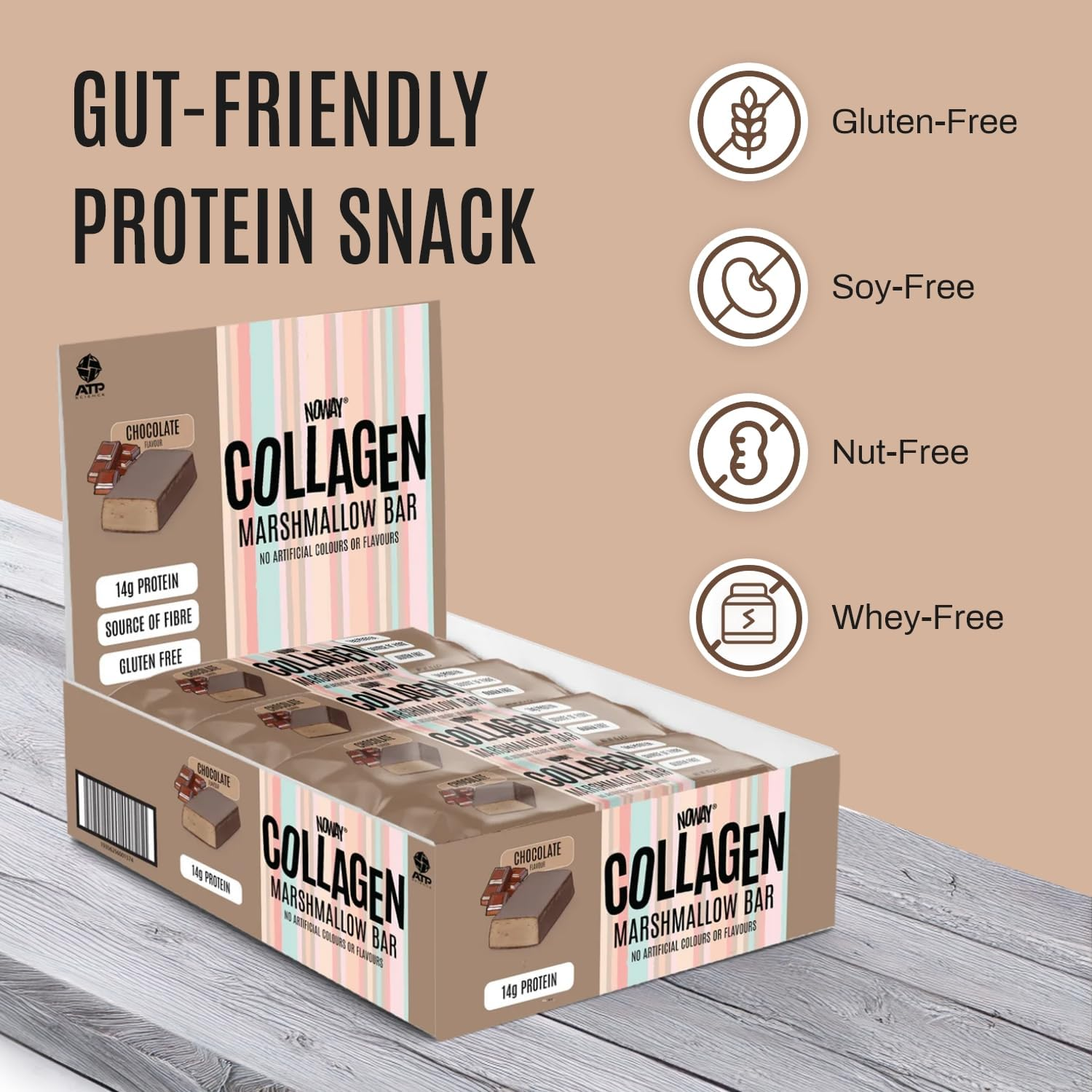 NOWAY&reg; Collagen Marshmallow Protein Bars, Protein Snack, Gut-Friendly Protein Bar, Contains Protein and Fibre, Gluten-Free. Soy-Free, Nut-Free Flavour: Chocolate, Pack of 12 image number 6