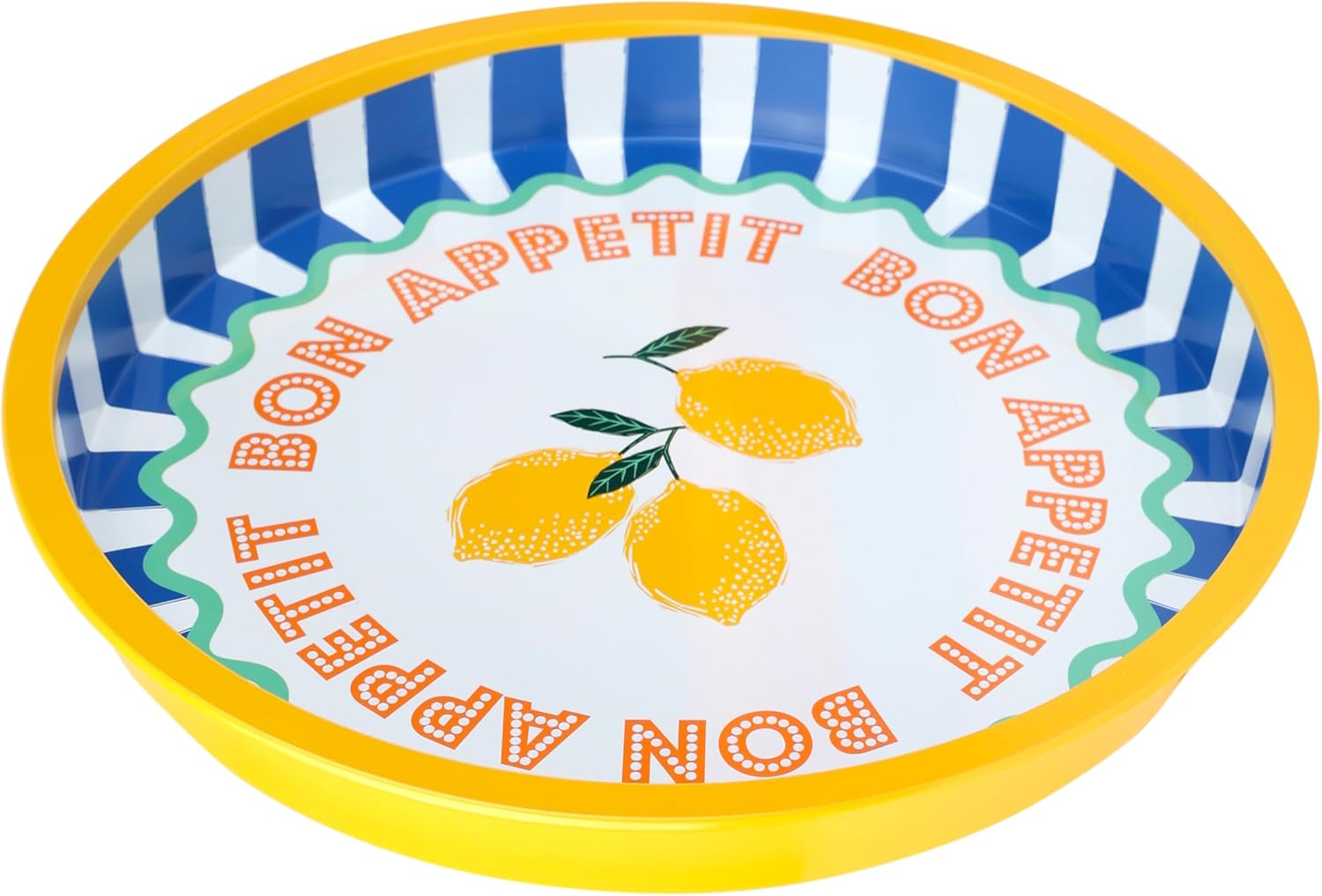 Talking Tables Large round Serving Tray for Drinks, Snacks, Condiments Decorative and Colourful Lemon Design, Ideal for Summer Dining, BBQ, Outdoor Dining Garden Parties | Made of Tin | 31Cm