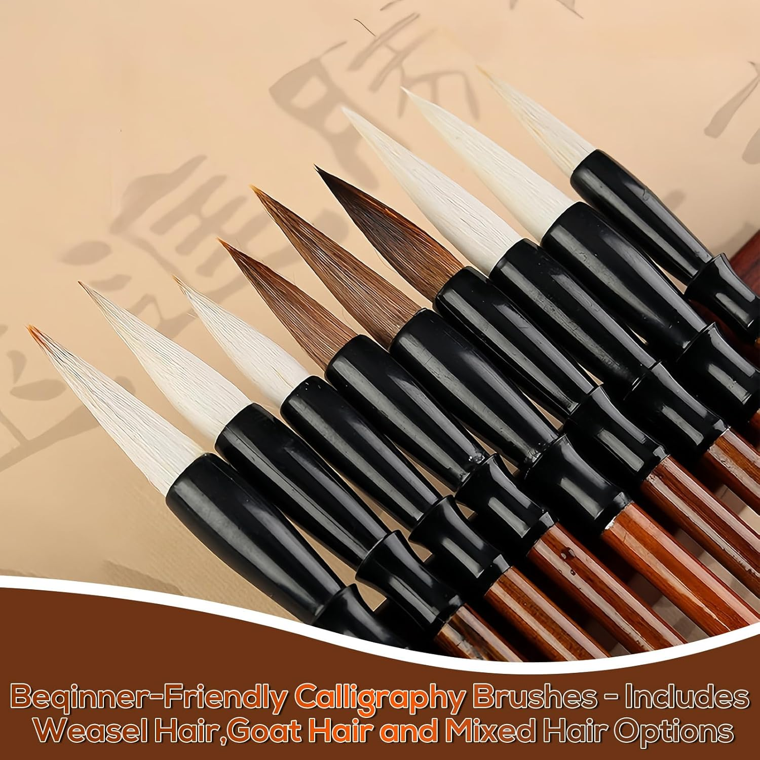 Zvorgath 9 Pack Chinese Calligraphy Writing Brush - Painting Drawing Professional Chinese Kanji Art Ink Brush for Calligraphy Enthusiast (Light Brown) image number 5